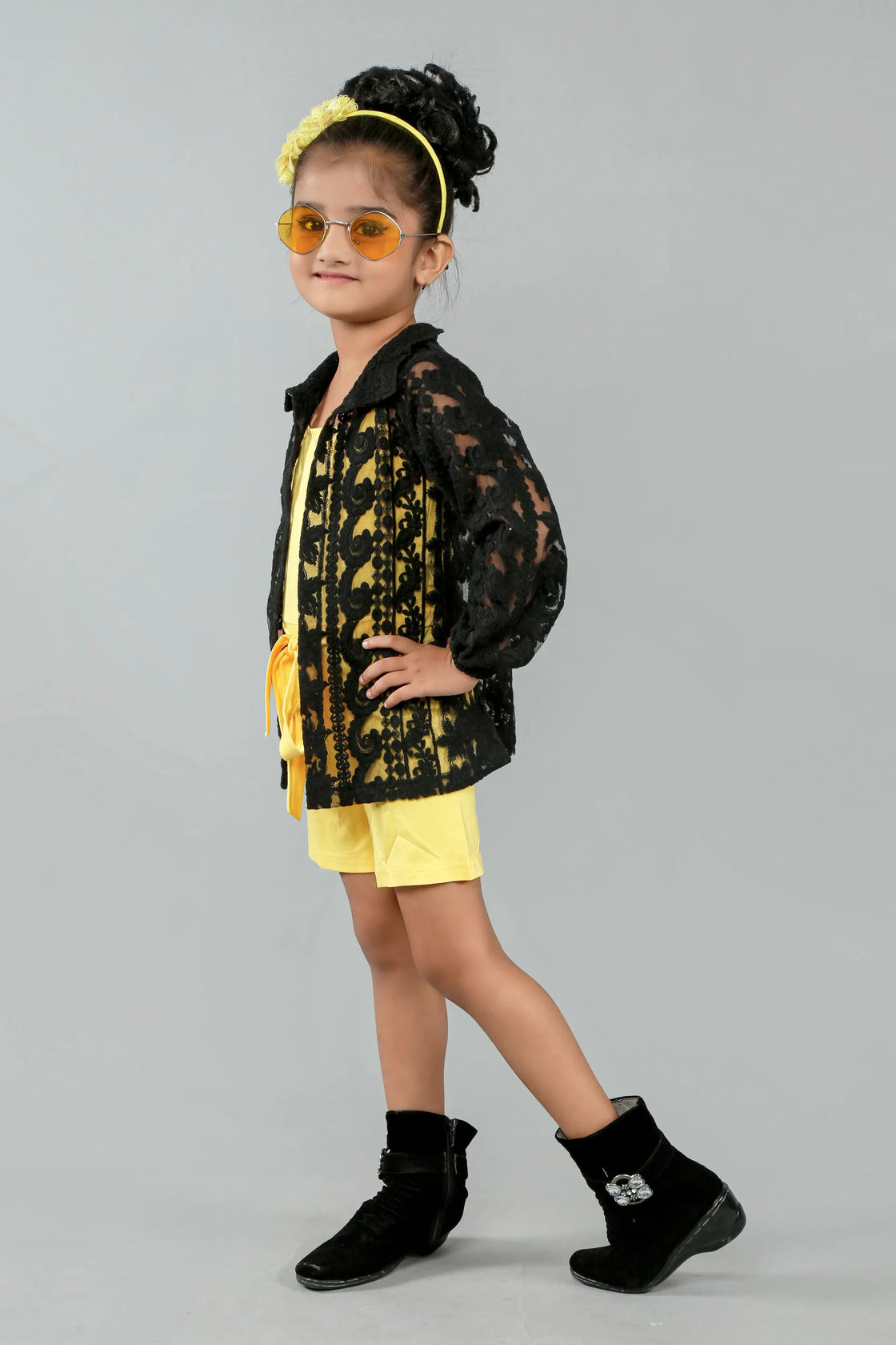 Eurynome Kidswear Girls—Luxe Tencel jumpsuit paired with a rare, pure cotton crocheted black shirt, floral full sleeves, and comfy belt. Trendy elegance and next-level comfort for stylish girls. Ages 3–9