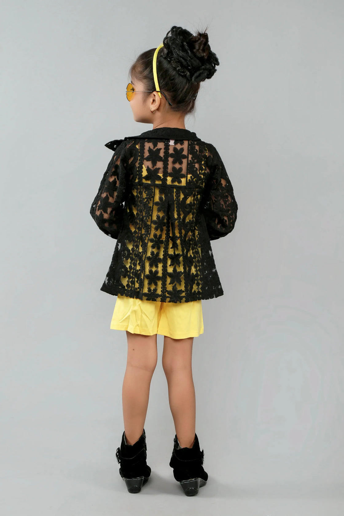 Eurynome Kidswear Girls—Luxe Tencel jumpsuit paired with a rare, pure cotton crocheted black shirt, floral full sleeves, and comfy belt. Trendy elegance and next-level comfort for stylish girls. Ages 3–9