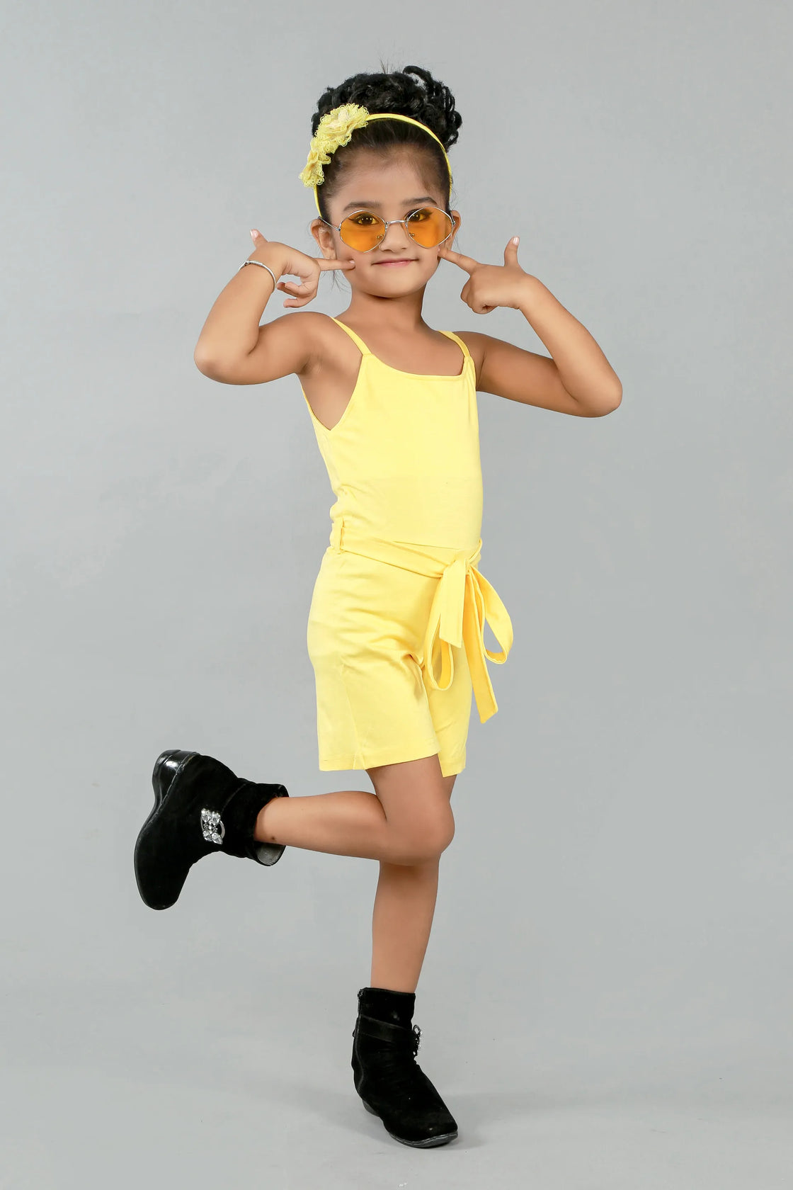 Eurynome Kidswear Girls—Luxe Tencel jumpsuit paired with a rare, pure cotton crocheted black shirt, floral full sleeves, and comfy belt. Trendy elegance and next-level comfort for stylish girls. Ages 3–9