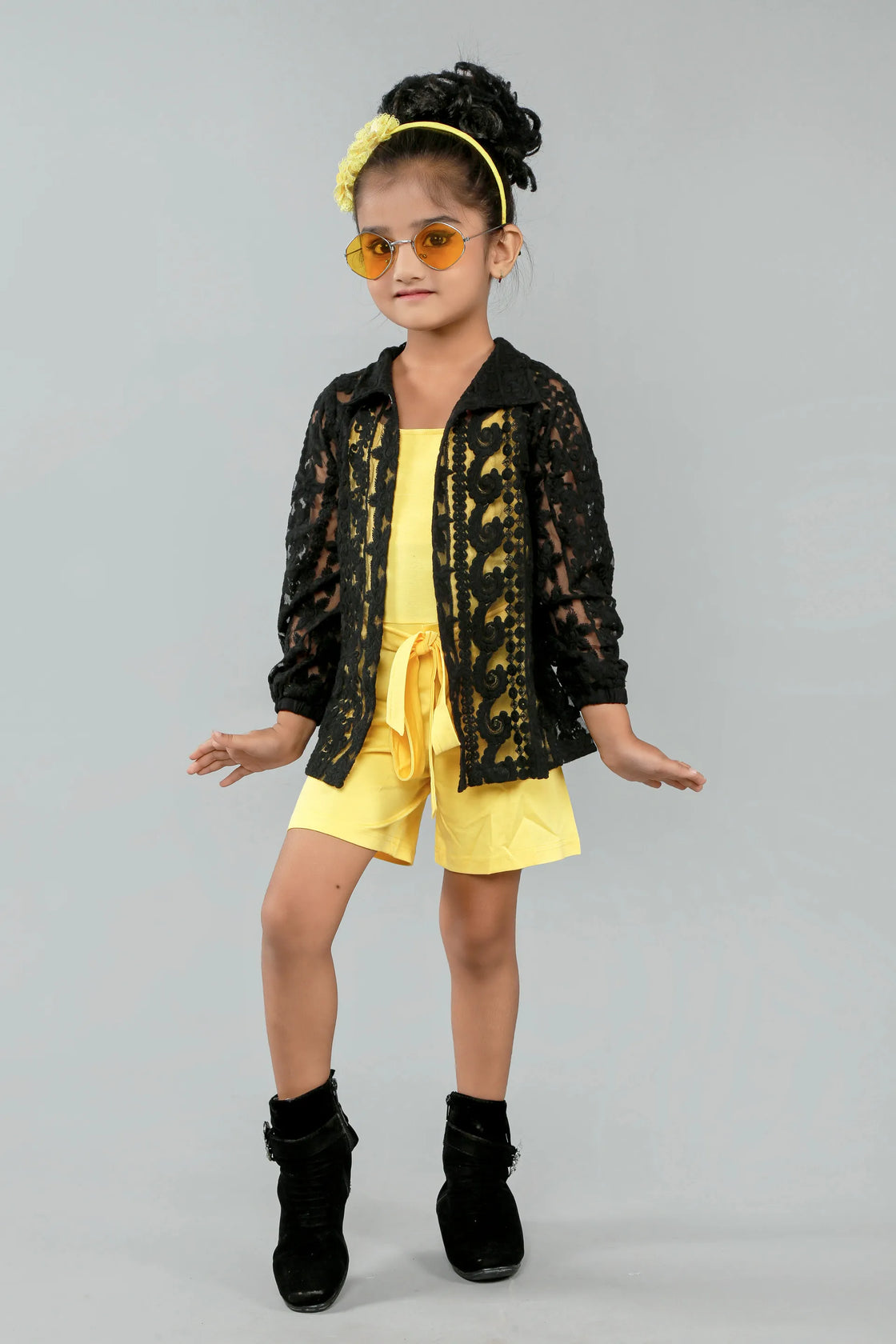 Eurynome Kidswear Girls—Luxe Tencel jumpsuit paired with a rare, pure cotton crocheted black shirt, floral full sleeves, and comfy belt. Trendy elegance and next-level comfort for stylish girls. Ages 3–9