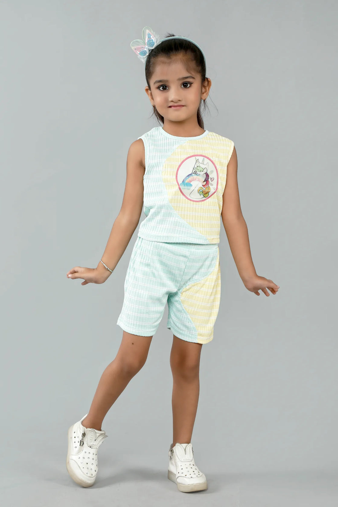 Eurynome Kidswear Girls – Unicorn Wave Top & Pant Set, 3D hologram, ribbed pastel, playful summer style. Ages 3-6