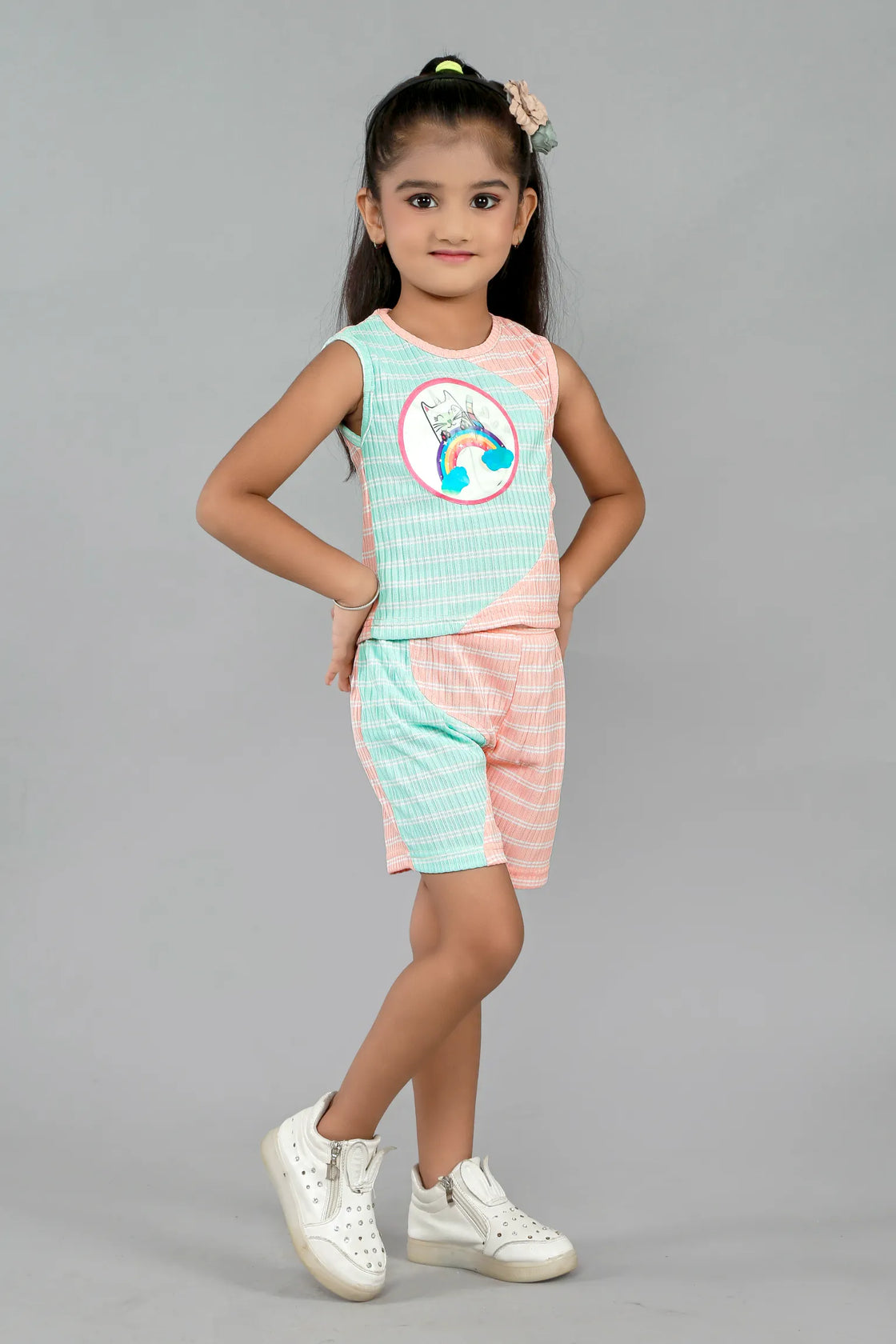 Eurynome Kidswear Girls – Unicorn Wave Top & Pant Set, 3D hologram, ribbed pastel, playful summer style. Ages 3-6