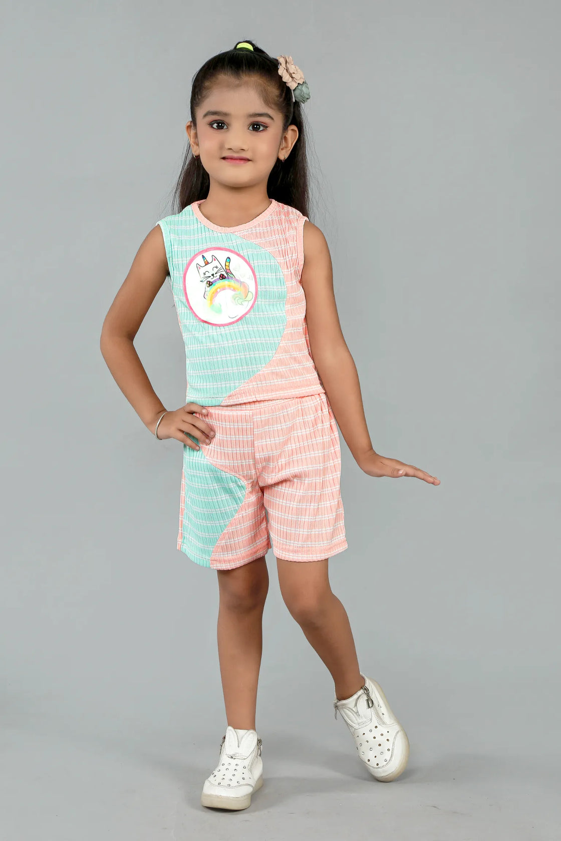Eurynome Kidswear Girls – Unicorn Wave Top & Pant Set, 3D hologram, ribbed pastel, playful summer style. Ages 3-6