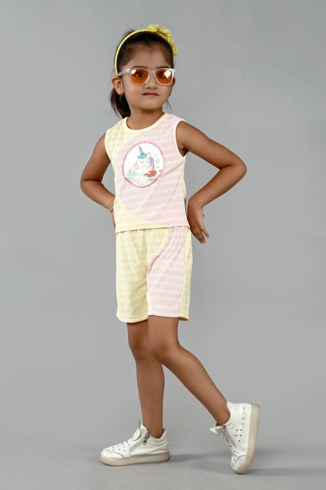 Eurynome Kidswear Girls – Unicorn Wave Top & Pant Set, 3D hologram, ribbed pastel, playful summer style. Ages 3-6