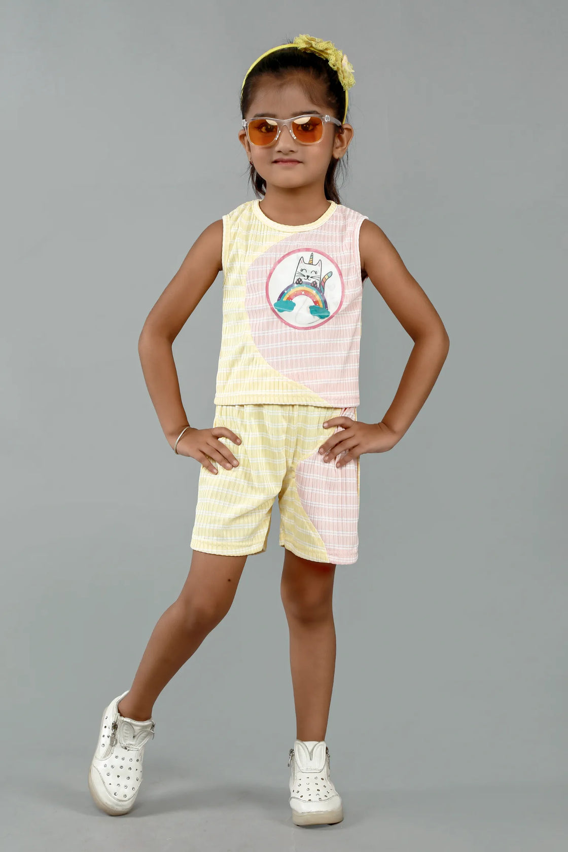 Eurynome Kidswear Girls – Unicorn Wave Top & Pant Set, 3D hologram, ribbed pastel, playful summer style. Ages 3-6