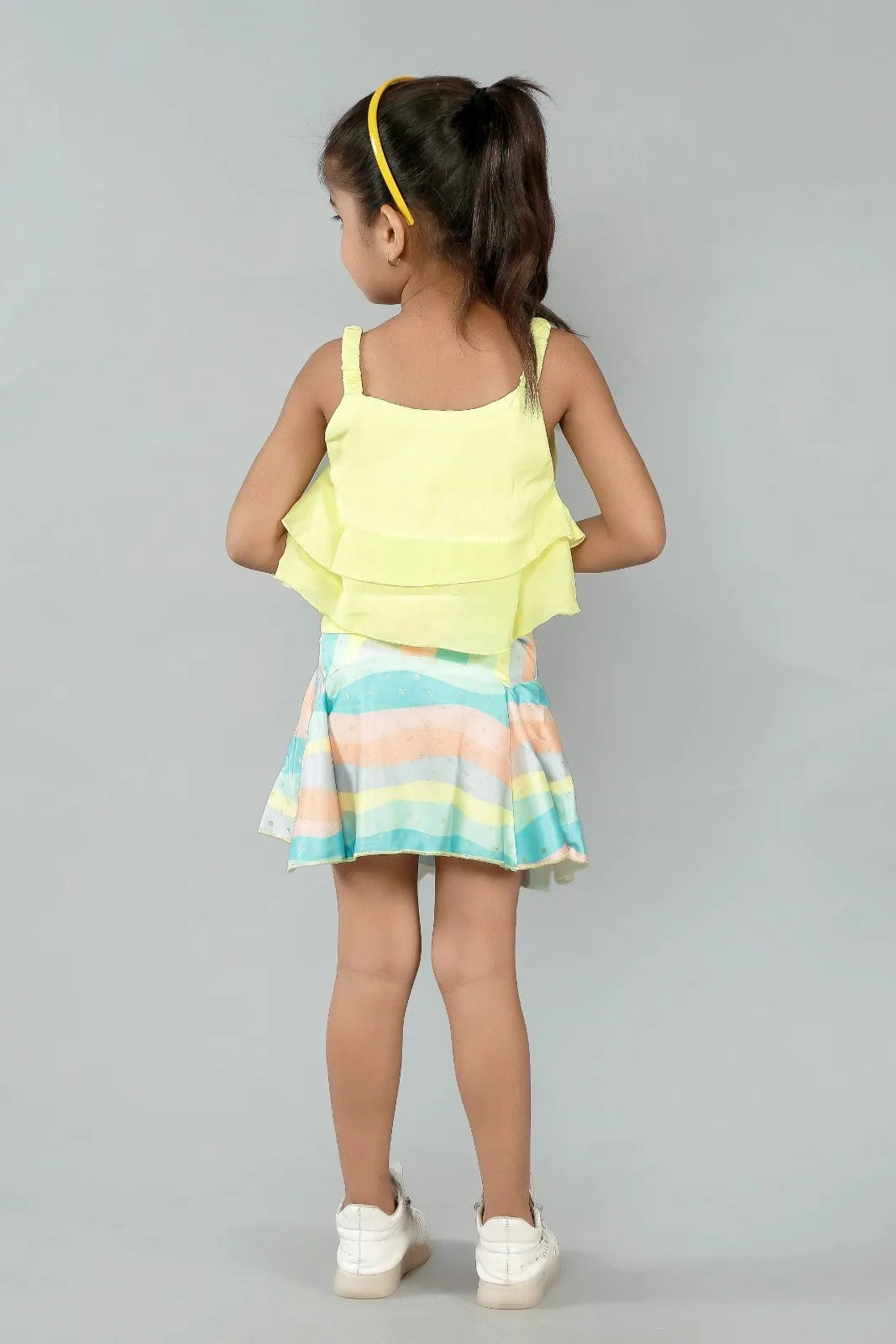 Eurynome Kidswear Girls – Music Tunic Top & Mini Skirt, Double Frill Toons Top, Rainbow Foil Pleated Skirt, Multicolour Sequins, Ages 3-6.