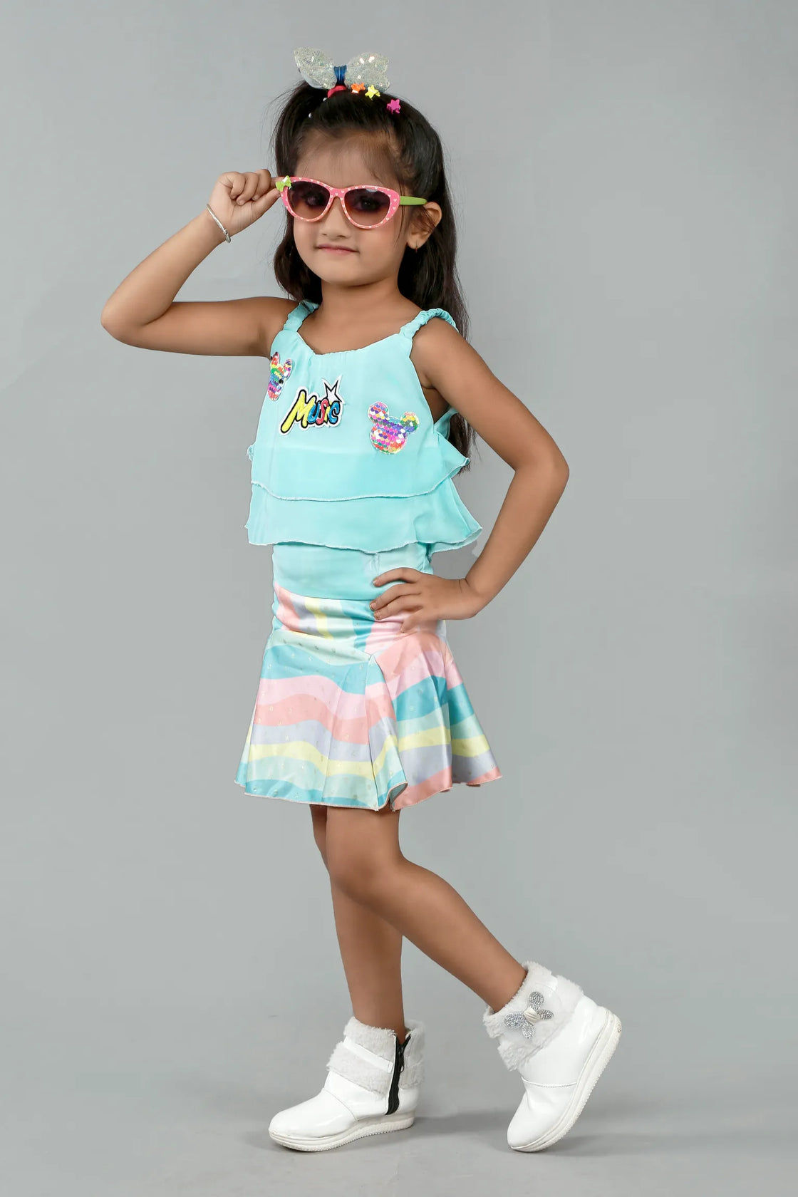 Eurynome Kidswear Girls – Music Tunic Top & Mini Skirt, Double Frill Toons Top, Rainbow Foil Pleated Skirt, Multicolour Sequins, Ages 3-6.