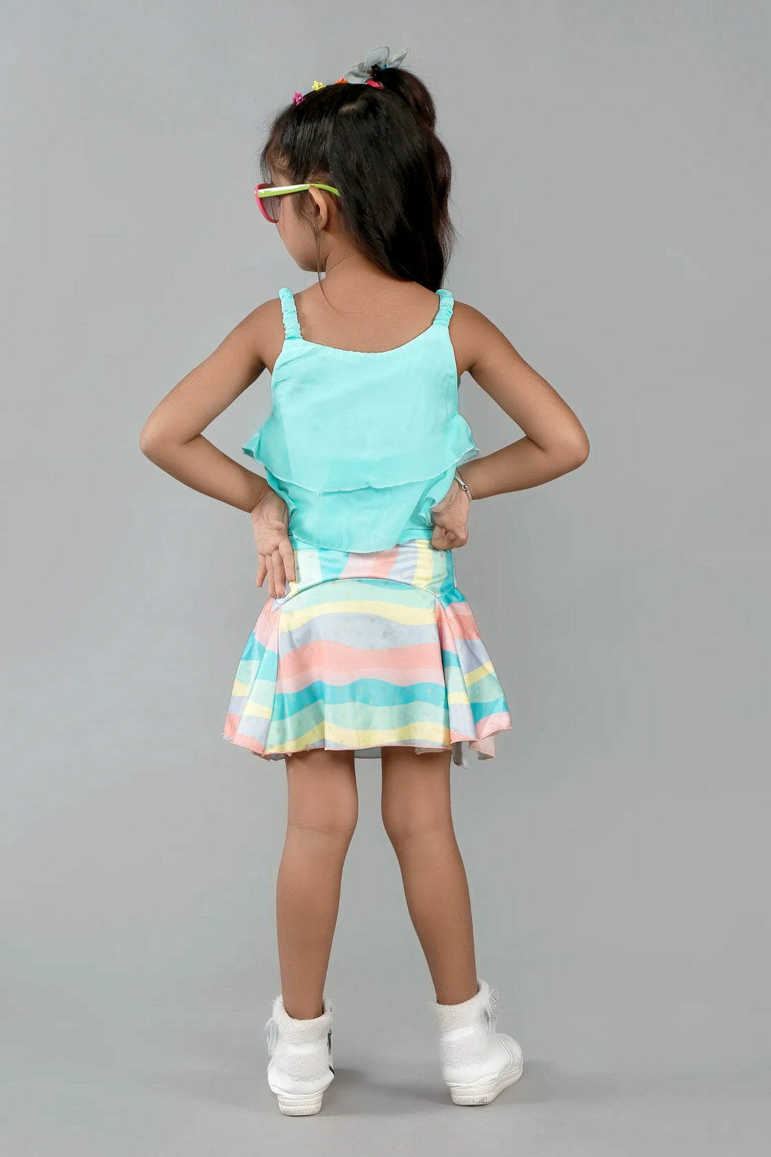 Eurynome Kidswear Girls – Music Tunic Top & Mini Skirt, Double Frill Toons Top, Rainbow Foil Pleated Skirt, Multicolour Sequins, Ages 3-6.