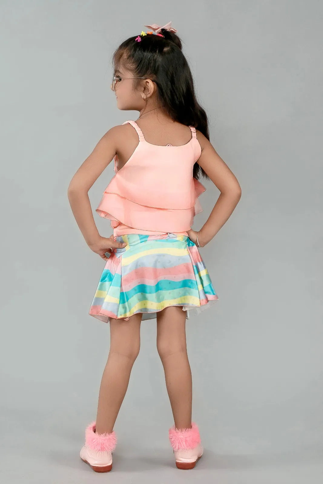 Eurynome Kidswear Girls – Music Tunic Top & Mini Skirt, Double Frill Toons Top, Rainbow Foil Pleated Skirt, Multicolour Sequins, Ages 3-6.