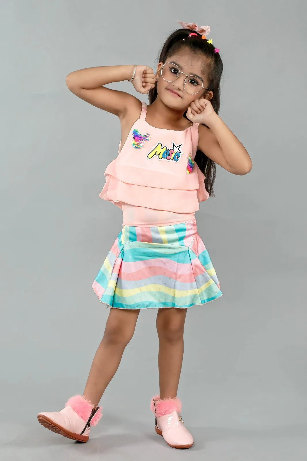 Eurynome Kidswear Girls – Music Tunic Top & Mini Skirt, Double Frill Toons Top, Rainbow Foil Pleated Skirt, Multicolour Sequins, Ages 3-6.