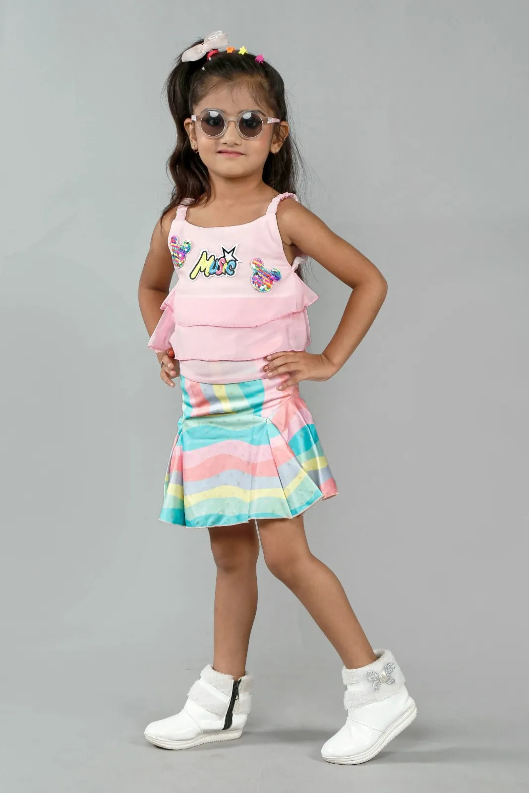 Eurynome Kidswear Girls – Music Tunic Top & Mini Skirt, Double Frill Toons Top, Rainbow Foil Pleated Skirt, Multicolour Sequins, Ages 3-6.