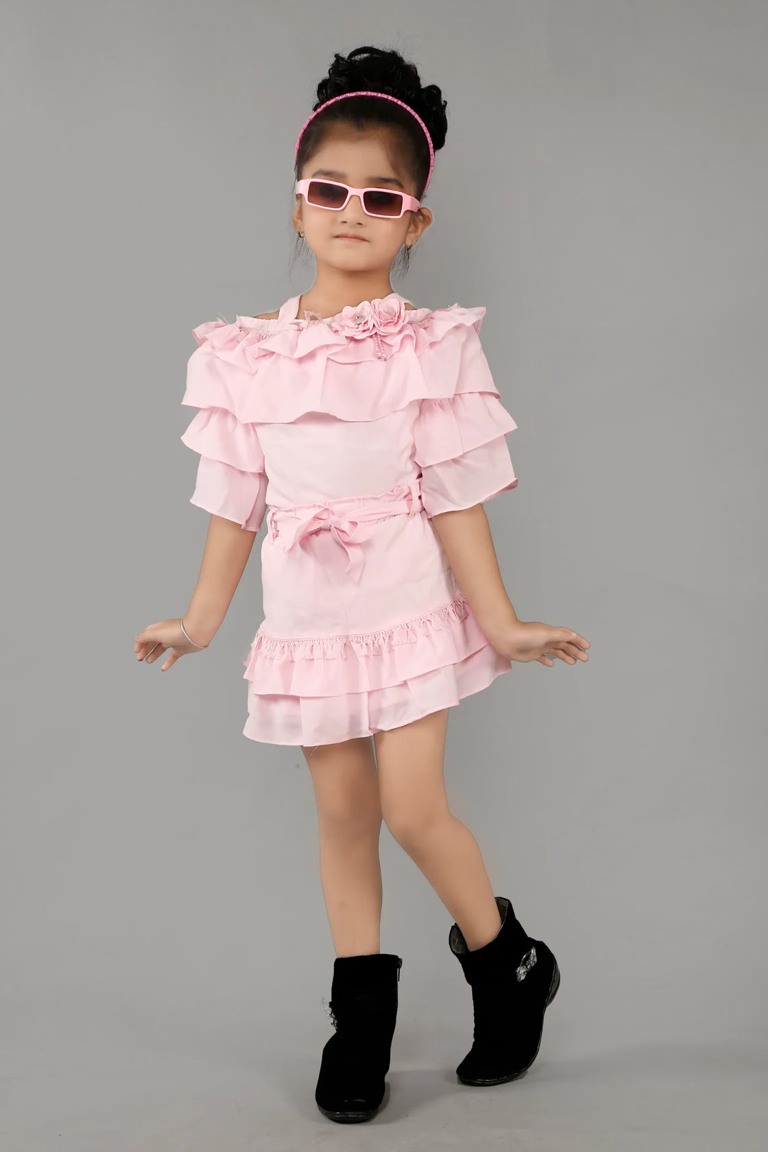 Eurynome Kidswear Girls – Ruffled Off-Shoulder Party Set, Double Layer Frills, 3D Floral Embellishments, Fitted Bow Waist, Flowy Mini Skirt, Twirl-Ready Festive Look Ages 3-9