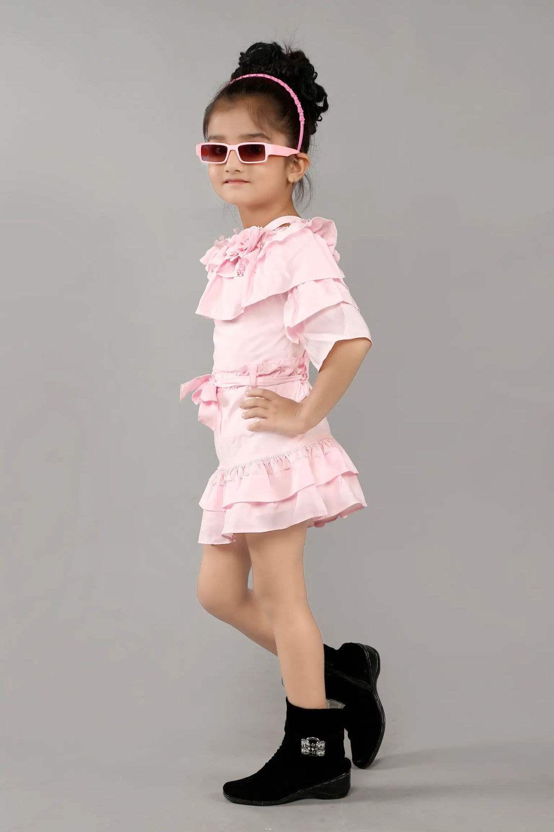 Eurynome Kidswear Girls – Ruffled Off-Shoulder Party Set, Double Layer Frills, 3D Floral Embellishments, Fitted Bow Waist, Flowy Mini Skirt, Twirl-Ready Festive Look Ages 3-9