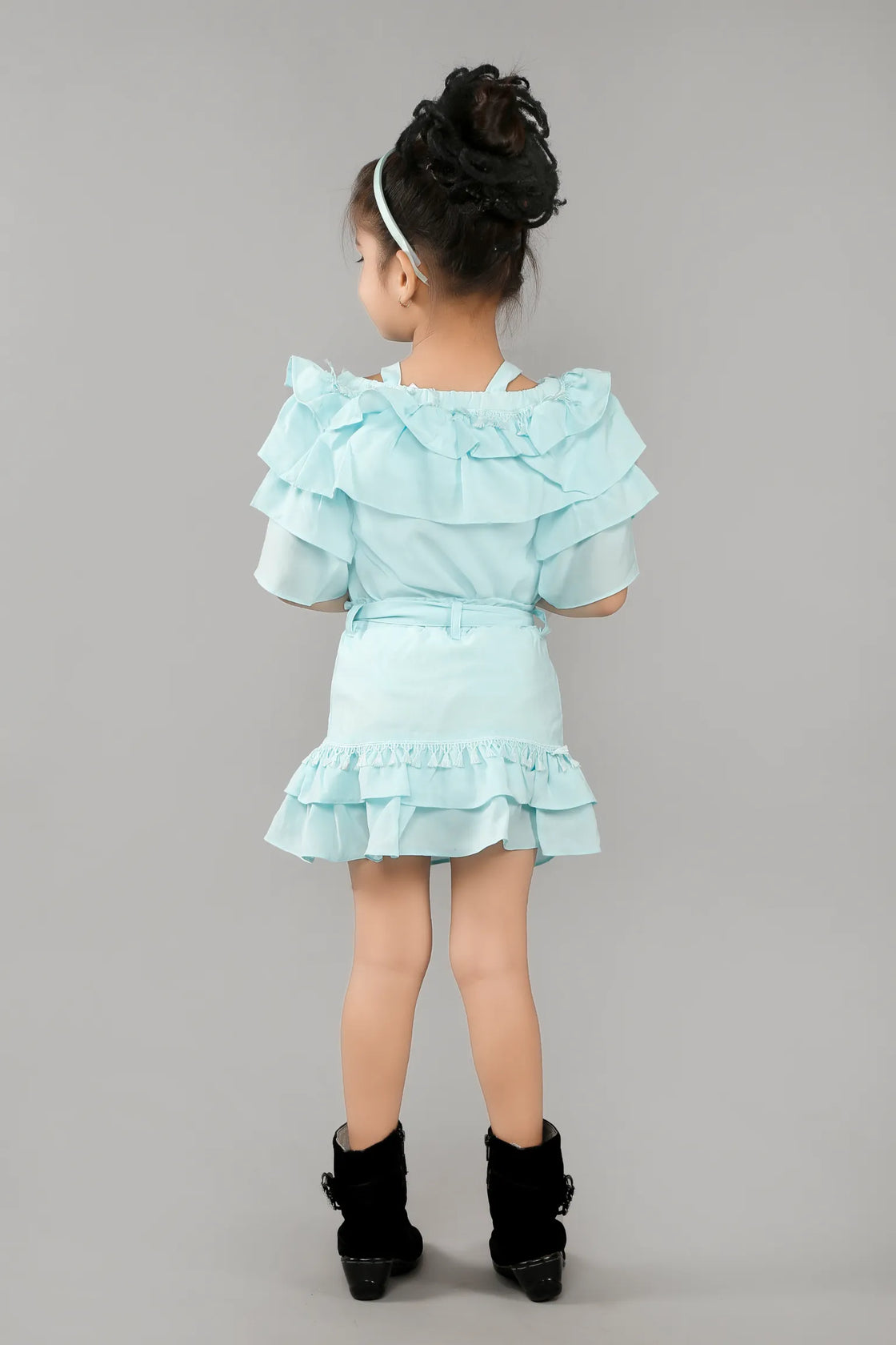 Eurynome Kidswear Girls – Ruffled Off-Shoulder Party Set, Double Layer Frills, 3D Floral Embellishments, Fitted Bow Waist, Flowy Mini Skirt, Twirl-Ready Festive Look Ages 3-9