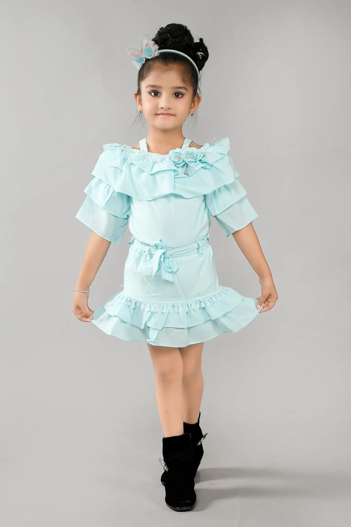 Eurynome Kidswear Girls – Ruffled Off-Shoulder Party Set, Double Layer Frills, 3D Floral Embellishments, Fitted Bow Waist, Flowy Mini Skirt, Twirl-Ready Festive Look Ages 3-9