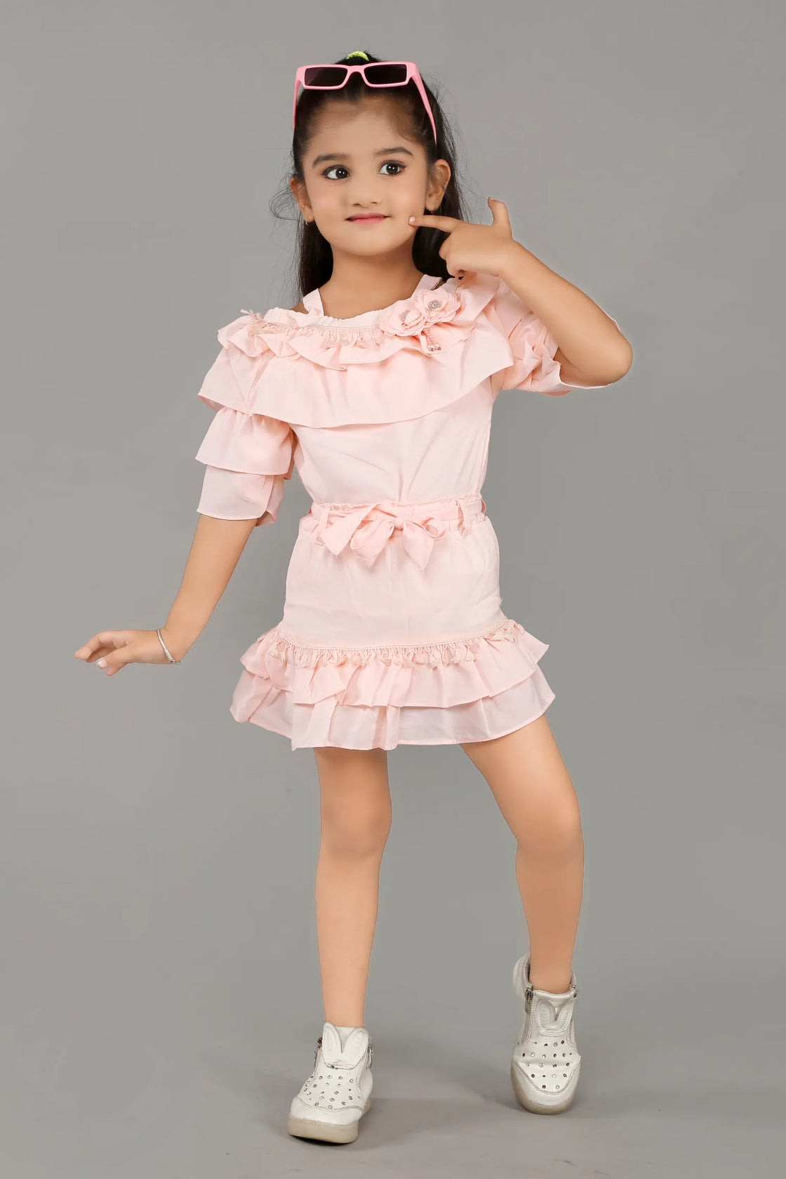 Eurynome Kidswear Girls – Ruffled Off-Shoulder Party Set, Double Layer Frills, 3D Floral Embellishments, Fitted Bow Waist, Flowy Mini Skirt, Twirl-Ready Festive Look Ages 3-9