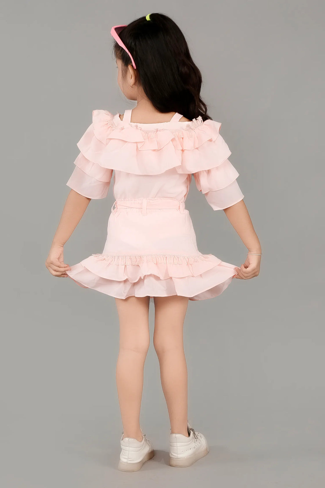 Eurynome Kidswear Girls – Ruffled Off-Shoulder Party Set, Double Layer Frills, 3D Floral Embellishments, Fitted Bow Waist, Flowy Mini Skirt, Twirl-Ready Festive Look Ages 3-9