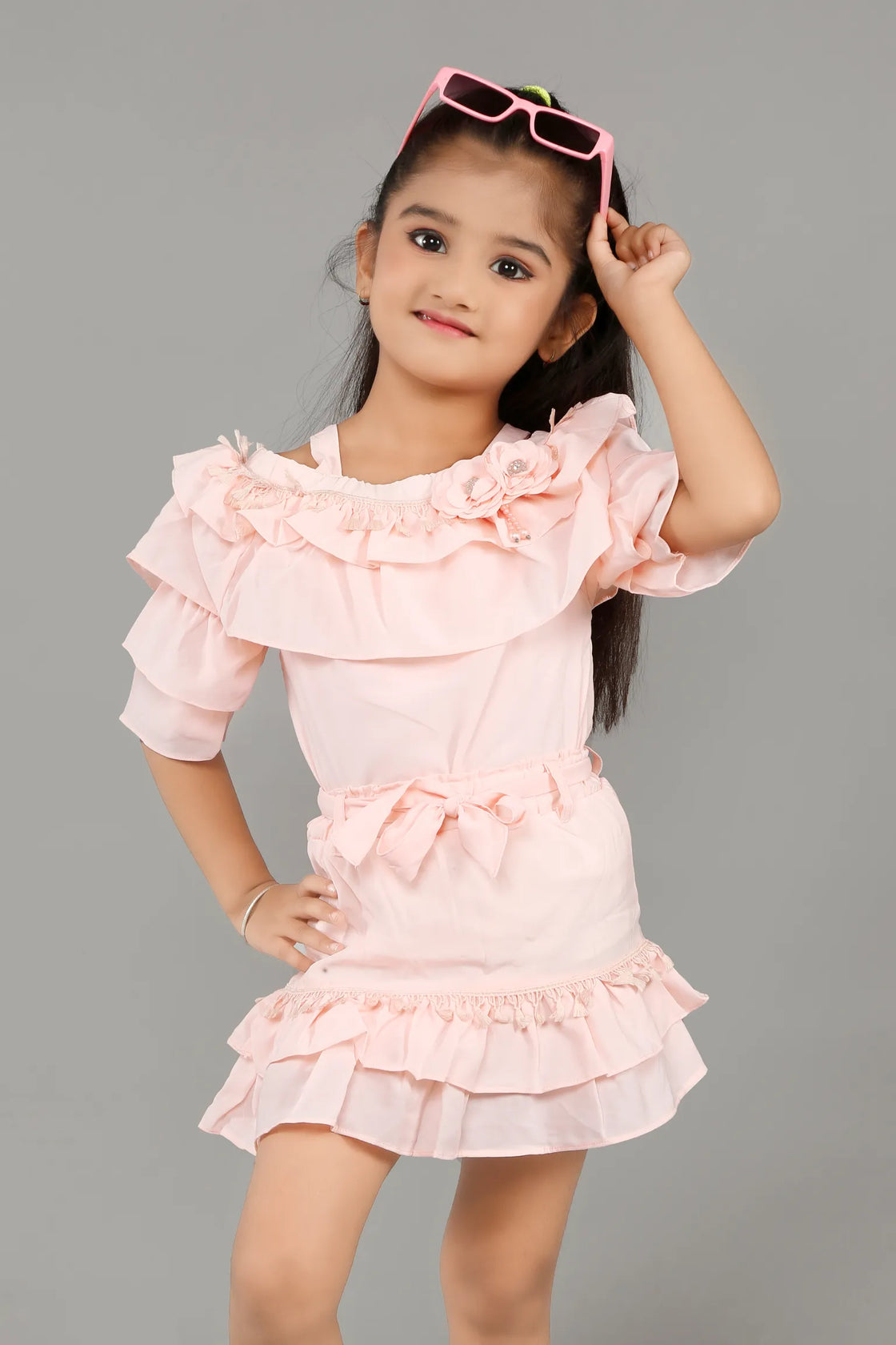Eurynome Kidswear Girls – Ruffled Off-Shoulder Party Set, Double Layer Frills, 3D Floral Embellishments, Fitted Bow Waist, Flowy Mini Skirt, Twirl-Ready Festive Look Ages 3-9
