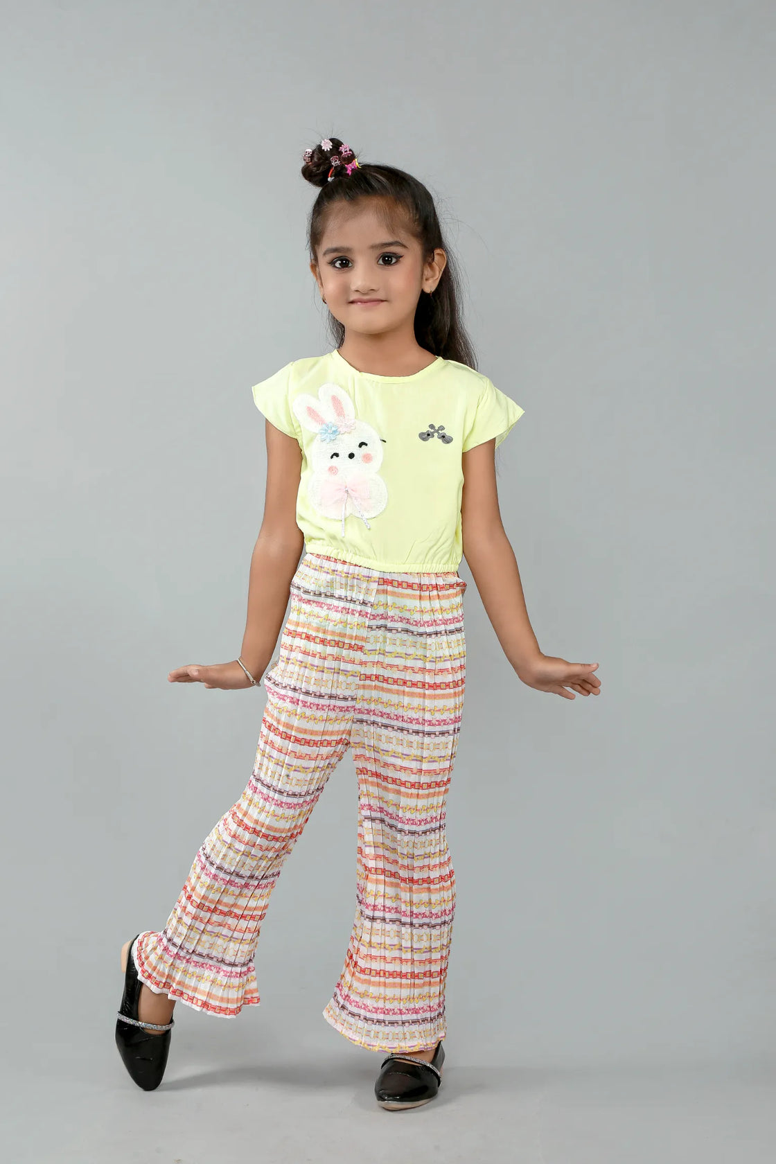 Eurynome Kidswear Girls – Playful Rabbit Jumpsuit, Soft Pleated Chiffon, Cute Bunny Motif, Stretchy Waist, All-Day Fun Ages 3-9.