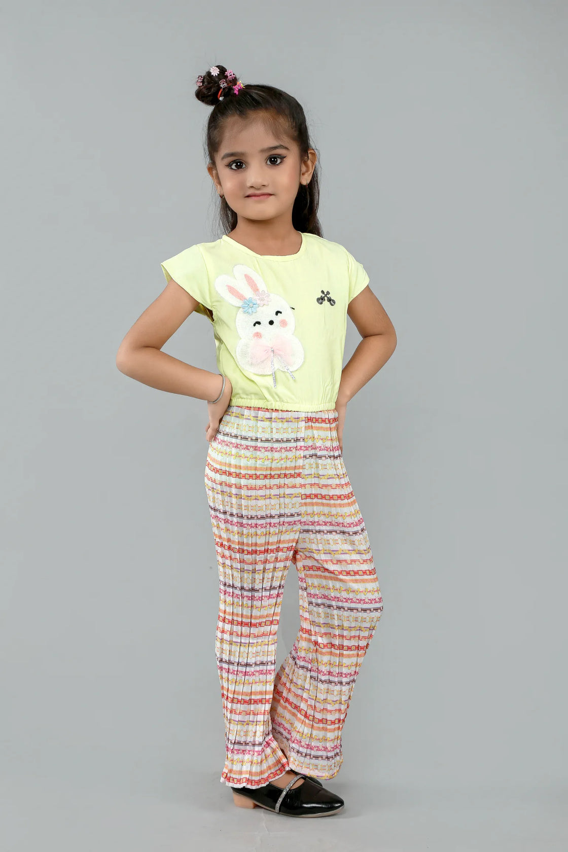 Eurynome Kidswear Girls – Playful Rabbit Jumpsuit, Soft Pleated Chiffon, Cute Bunny Motif, Stretchy Waist, All-Day Fun Ages 3-9.