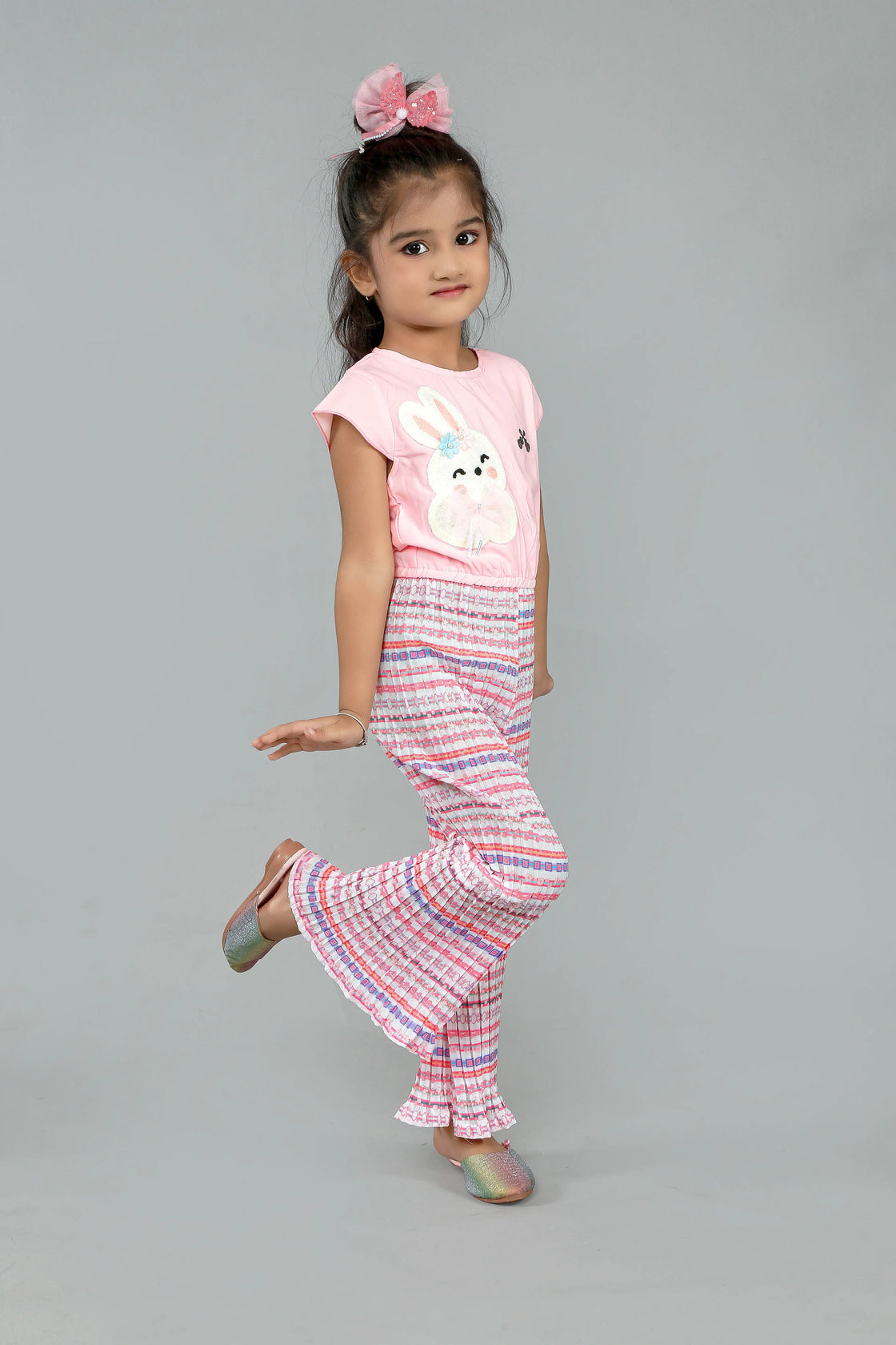 Eurynome Kidswear Girls – Playful Rabbit Jumpsuit, Soft Pleated Chiffon, Cute Bunny Motif, Stretchy Waist, All-Day Fun Ages 3-9.