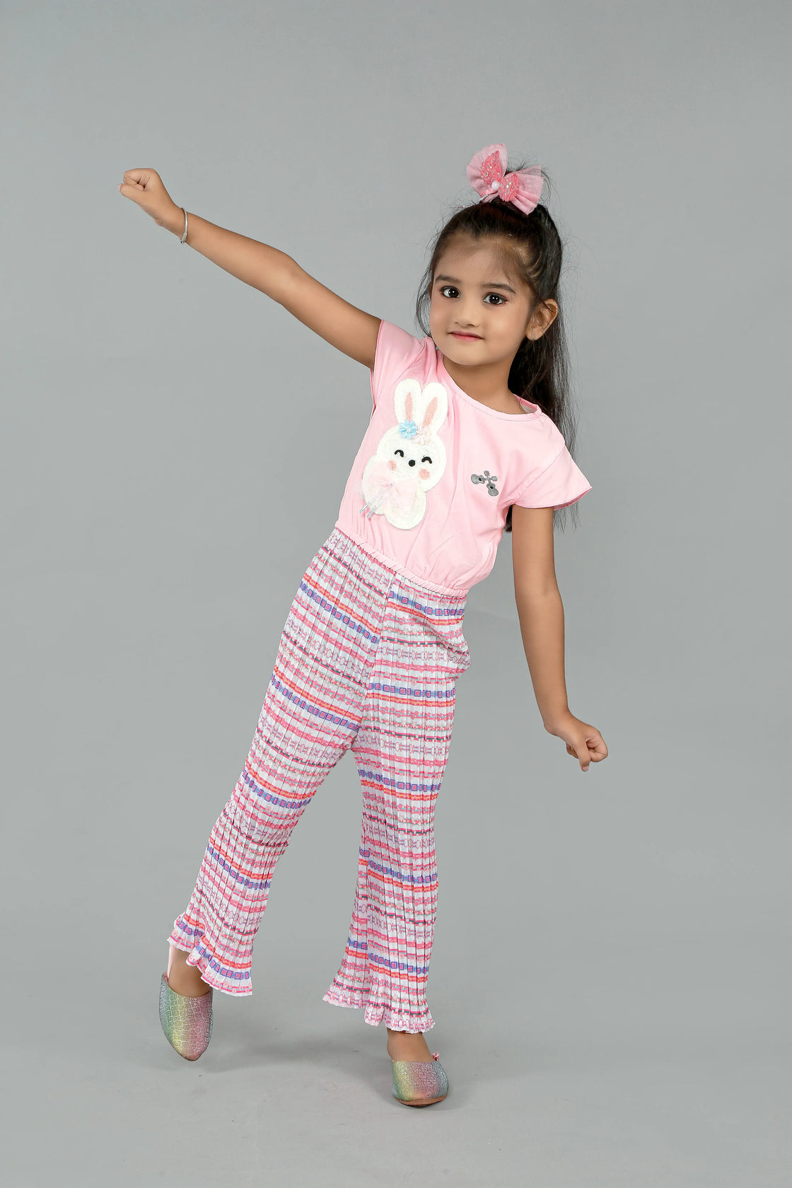 Eurynome Kidswear Girls – Playful Rabbit Jumpsuit, Soft Pleated Chiffon, Cute Bunny Motif, Stretchy Waist, All-Day Fun Ages 3-9.