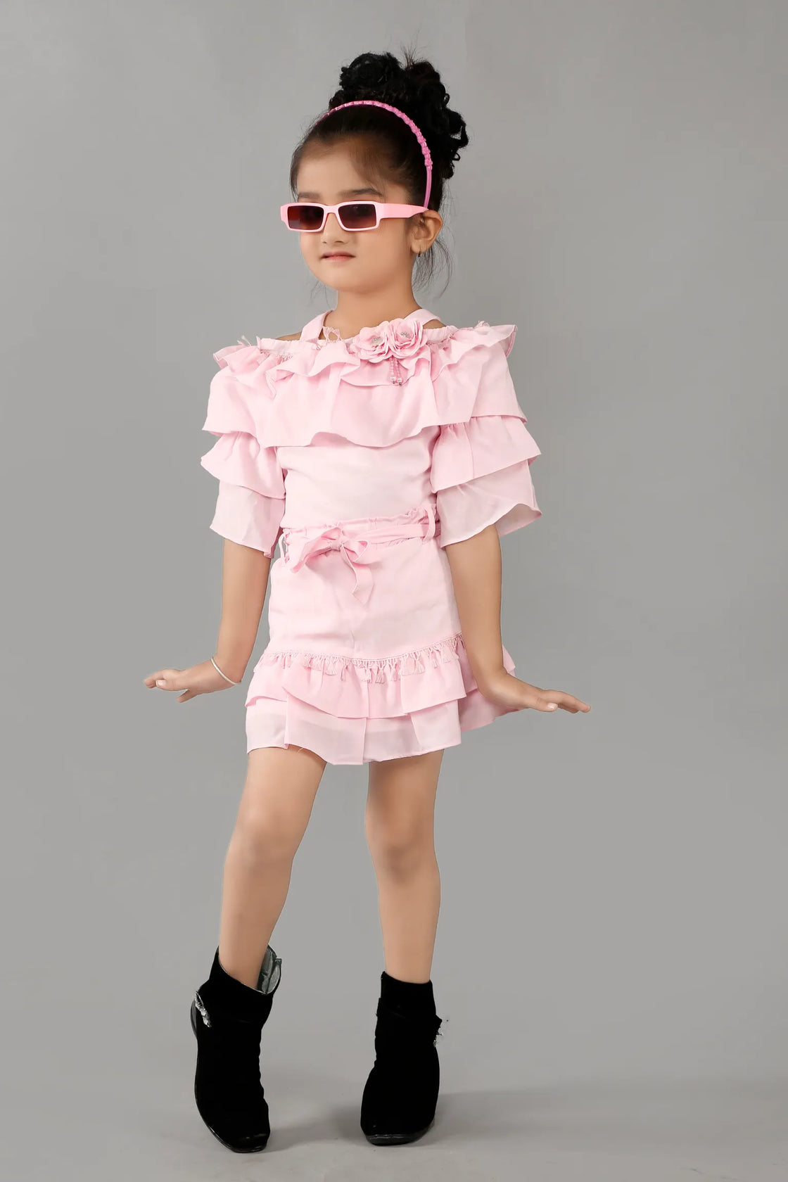 Eurynome Kidswear Girls – Ruffled Off-Shoulder Party Set, Double Layer Frills, 3D Floral Embellishments, Fitted Bow Waist, Flowy Mini Skirt, Twirl-Ready Festive Look Ages 3-9