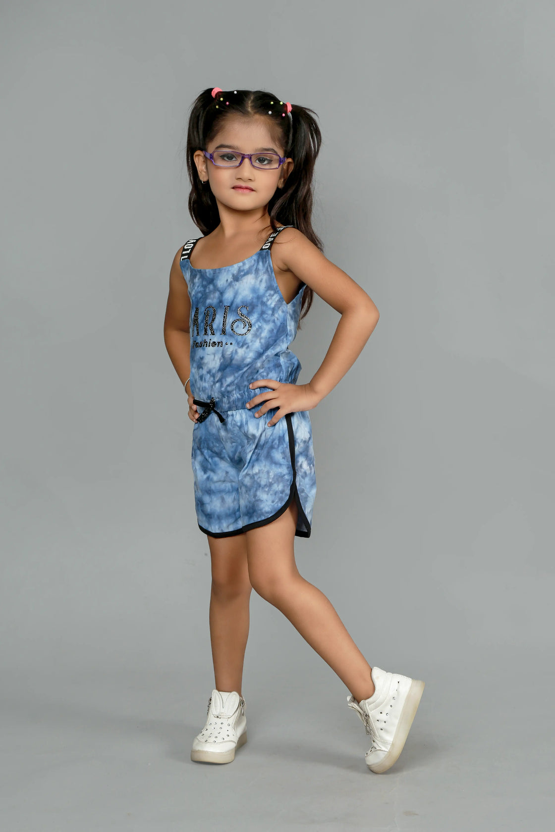Eurynome Kidswear Girls – Tie Dye Paris Romper, Soft cotton, love lace straps, chic bow, adventure-ready fit. Ages 3-6