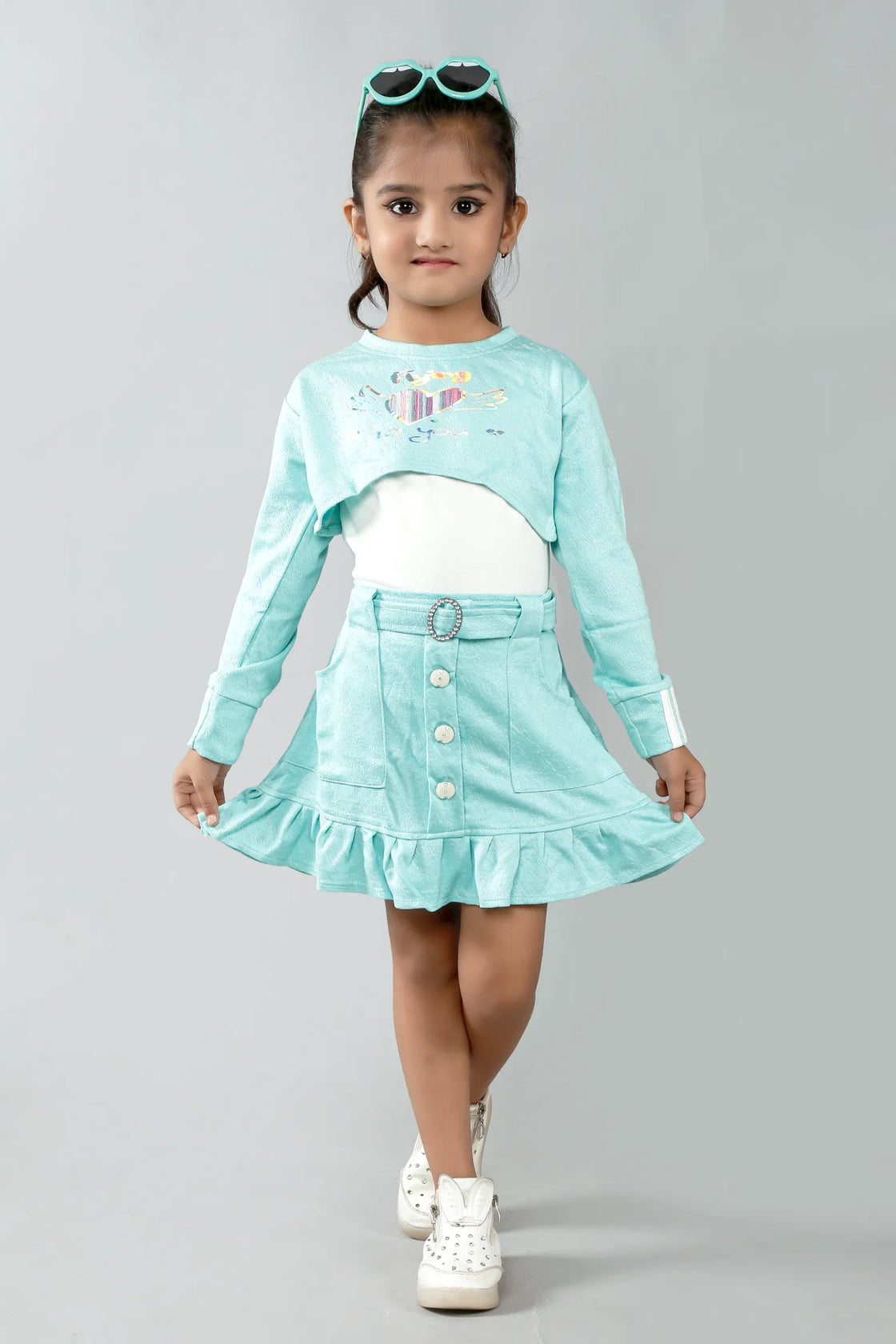 Eurynome Kidswear Girls – Hip Hop Skirt Top with Jacket, Pleated Tennis Skirt, Bold Crop Top, Fashionable Full-Sleeve Jacket, Statement Buttons & Buckle, Ages 3-12.