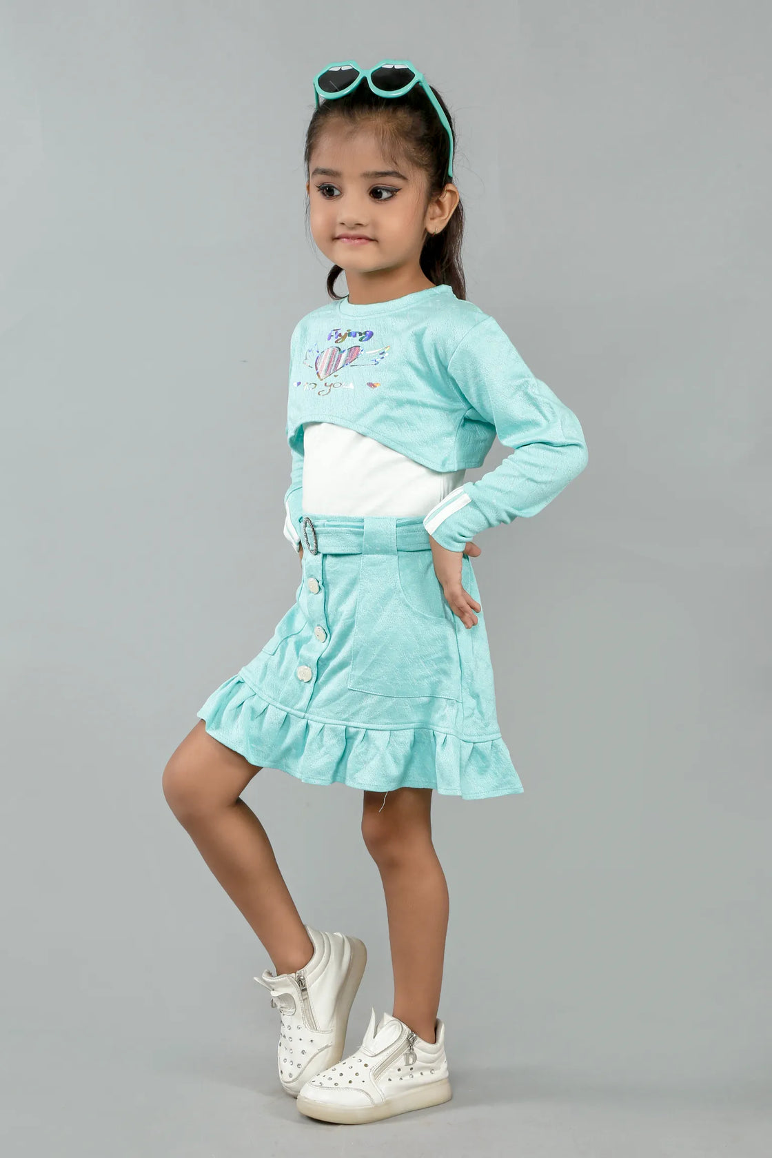 Eurynome Kidswear Girls – Hip Hop Skirt Top with Jacket, Pleated Tennis Skirt, Bold Crop Top, Fashionable Full-Sleeve Jacket, Statement Buttons & Buckle, Ages 3-12.