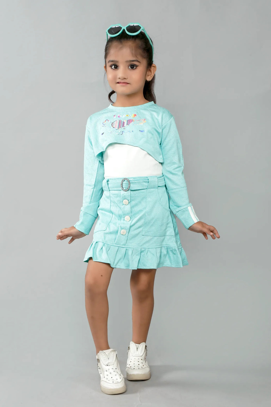 Eurynome Kidswear Girls – Hip Hop Skirt Top with Jacket, Pleated Tennis Skirt, Bold Crop Top, Fashionable Full-Sleeve Jacket, Statement Buttons & Buckle, Ages 3-12.