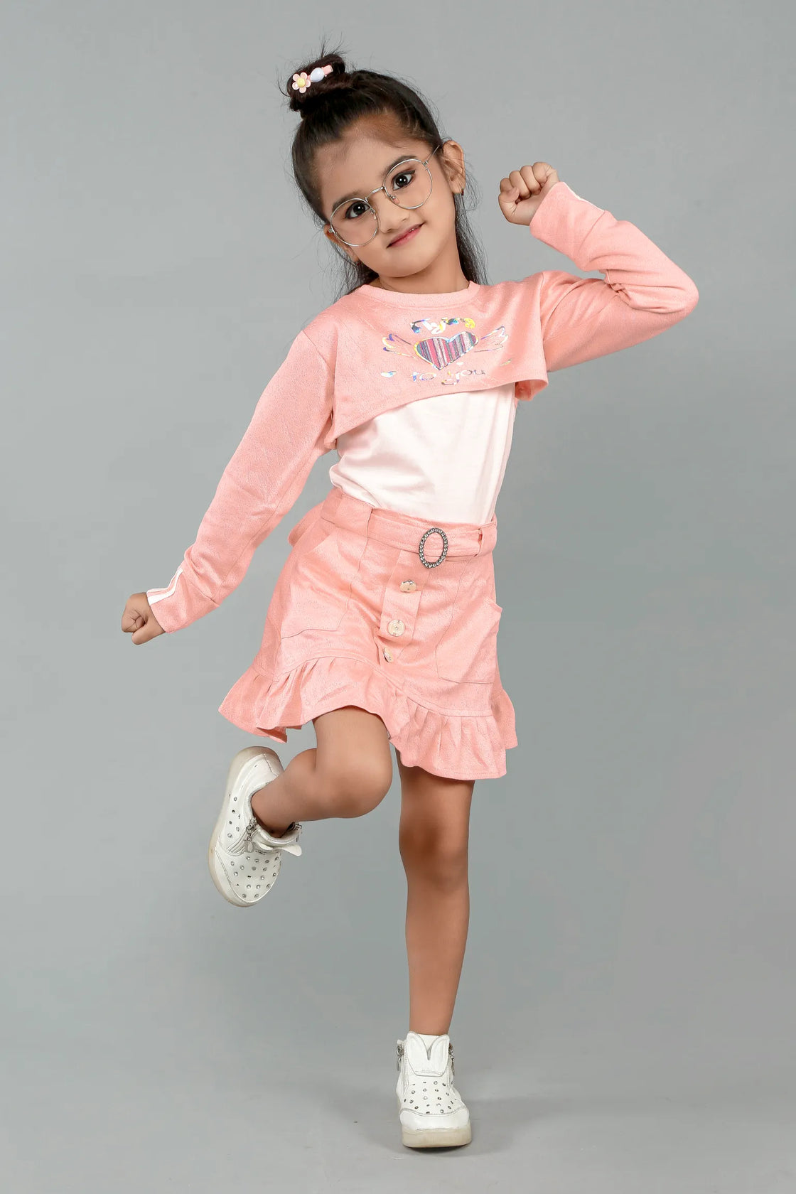 Eurynome Kidswear Girls – Hip Hop Skirt Top with Jacket, Pleated Tennis Skirt, Bold Crop Top, Fashionable Full-Sleeve Jacket, Statement Buttons & Buckle, Ages 3-12.