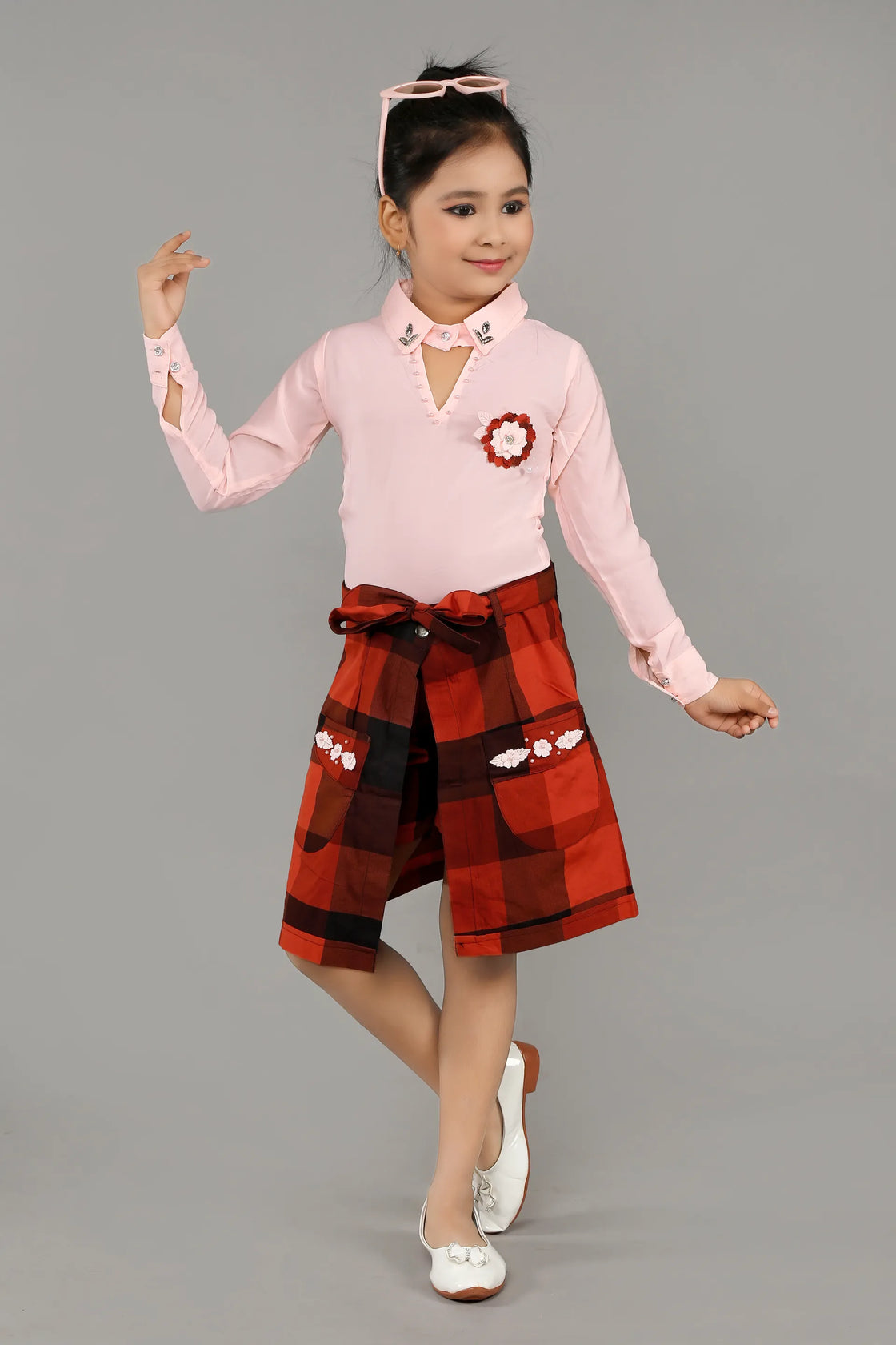 Eurynome Kidswear Girls – Exclusive 3PC Wrap Skirt Set, Premium Embellished Shirt, Smart Checked Pant, Innovative Wrap Skirt with Luxe Craftwork, Ages 3-6.
