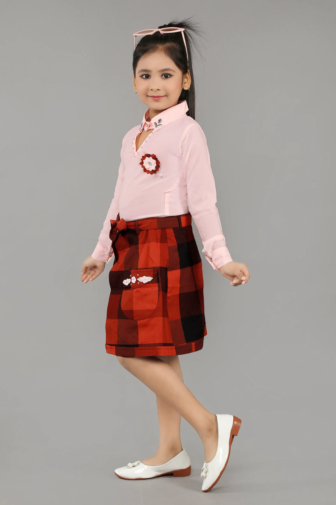 Eurynome Kidswear Girls – Exclusive 3PC Wrap Skirt Set, Premium Embellished Shirt, Smart Checked Pant, Innovative Wrap Skirt with Luxe Craftwork, Ages 3-6.