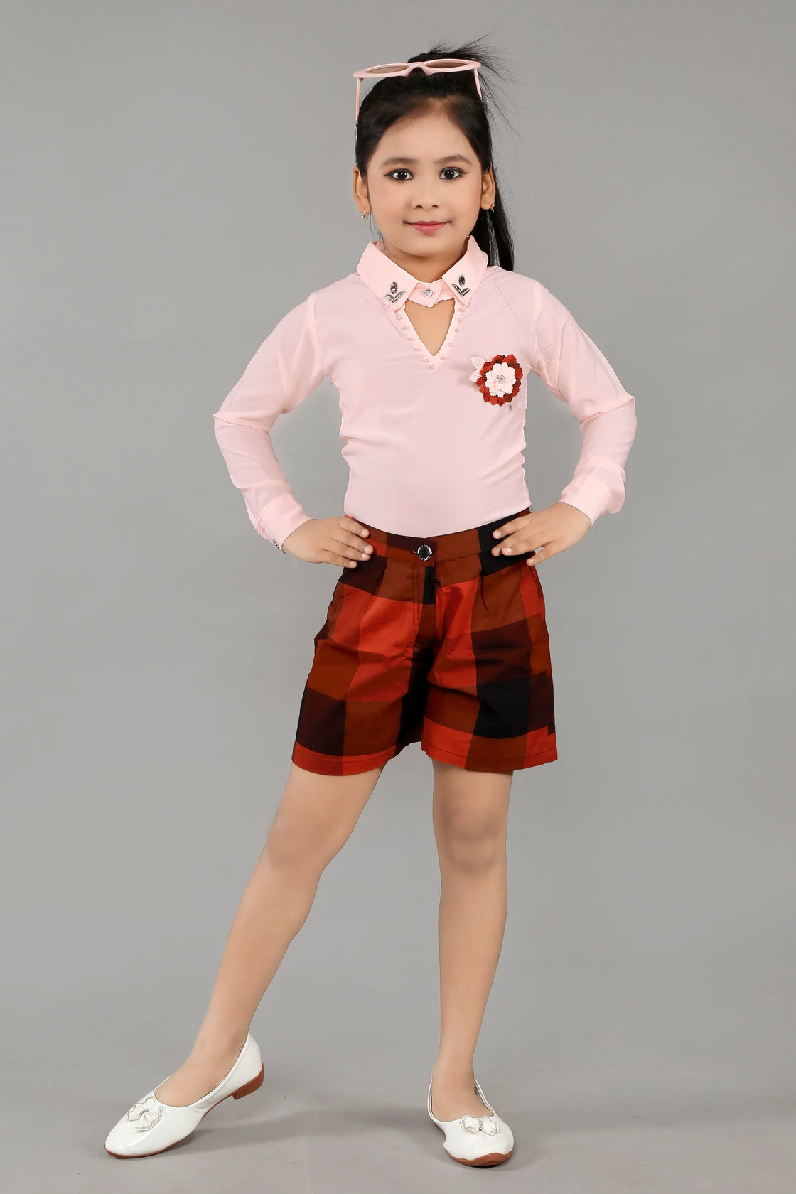 Eurynome Kidswear Girls – Exclusive 3PC Wrap Skirt Set, Premium Embellished Shirt, Smart Checked Pant, Innovative Wrap Skirt with Luxe Craftwork, Ages 3-6.