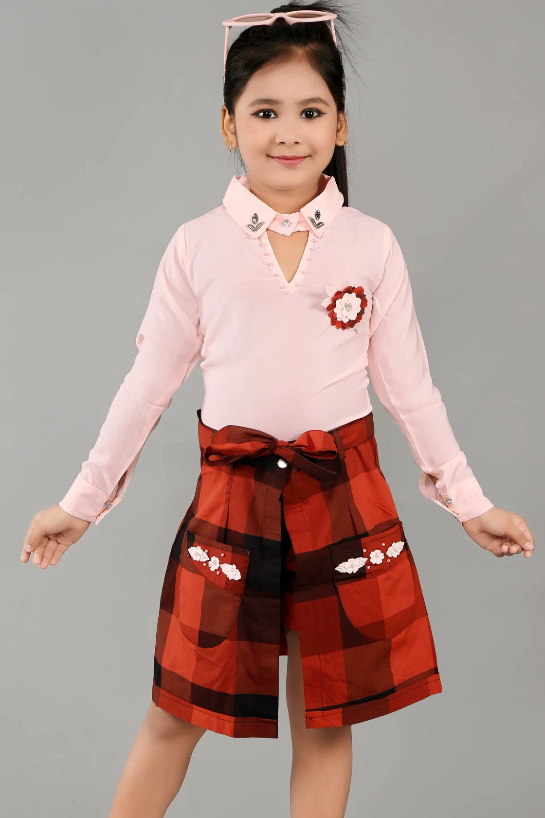 Eurynome Kidswear Girls – Exclusive 3PC Wrap Skirt Set, Premium Embellished Shirt, Smart Checked Pant, Innovative Wrap Skirt with Luxe Craftwork, Ages 3-6.