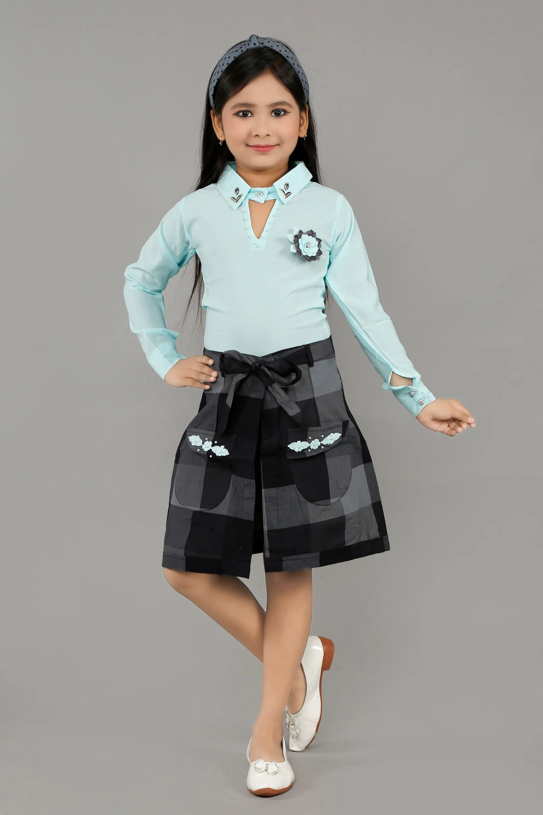 Eurynome Kidswear Girls – Exclusive 3PC Wrap Skirt Set, Premium Embellished Shirt, Smart Checked Pant, Innovative Wrap Skirt with Luxe Craftwork, Ages 3-6.