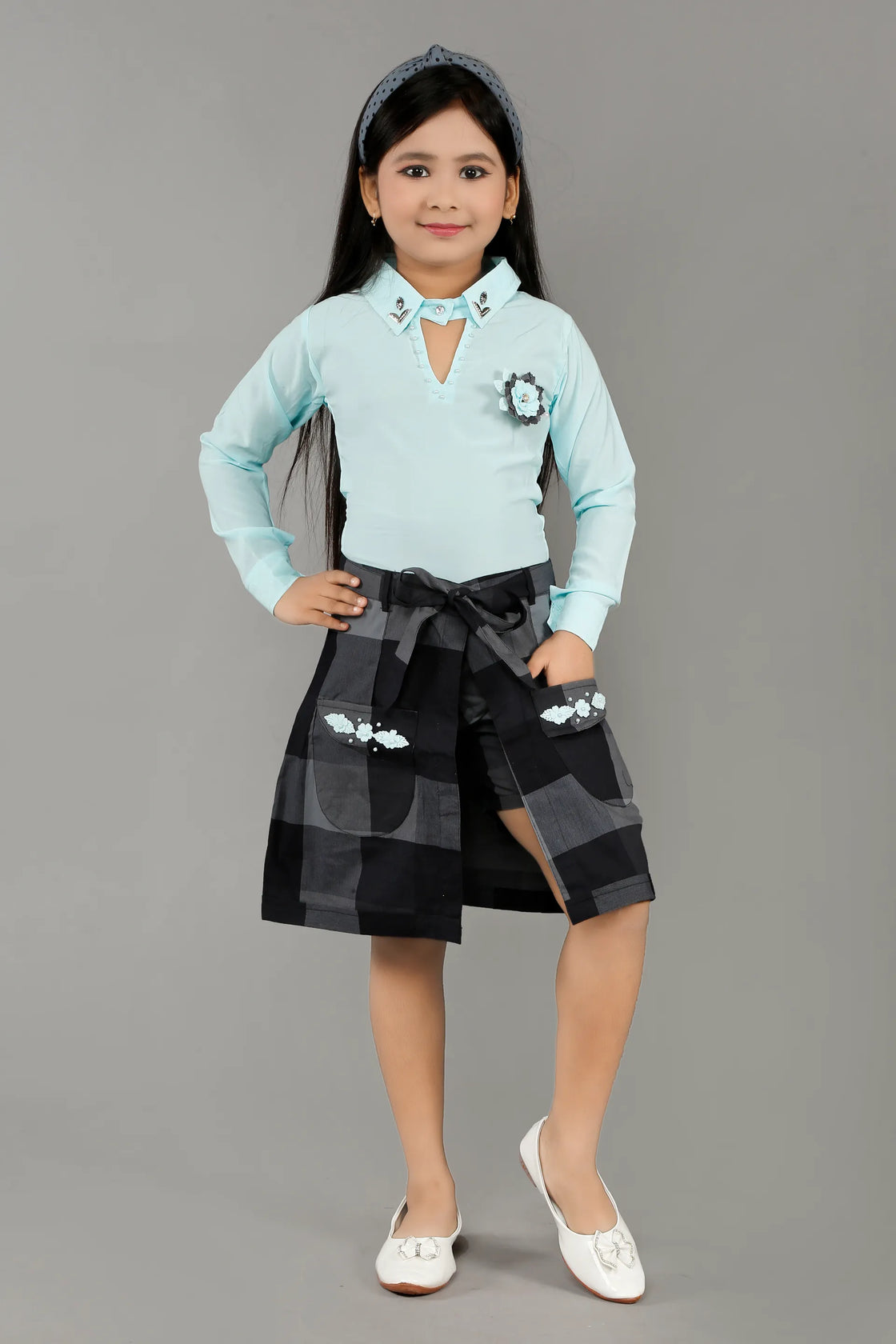 Eurynome Kidswear Girls – Exclusive 3PC Wrap Skirt Set, Premium Embellished Shirt, Smart Checked Pant, Innovative Wrap Skirt with Luxe Craftwork, Ages 3-6.