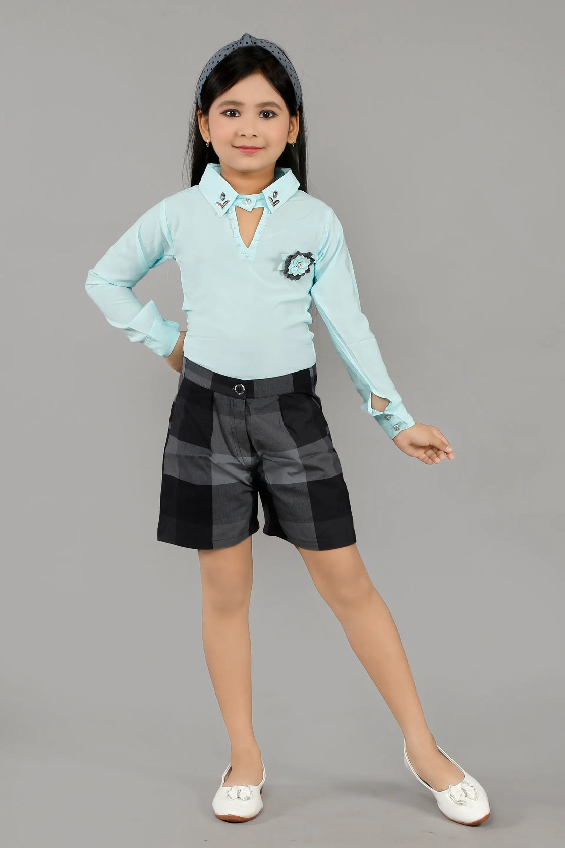 Eurynome Kidswear Girls – Exclusive 3PC Wrap Skirt Set, Premium Embellished Shirt, Smart Checked Pant, Innovative Wrap Skirt with Luxe Craftwork, Ages 3-6.