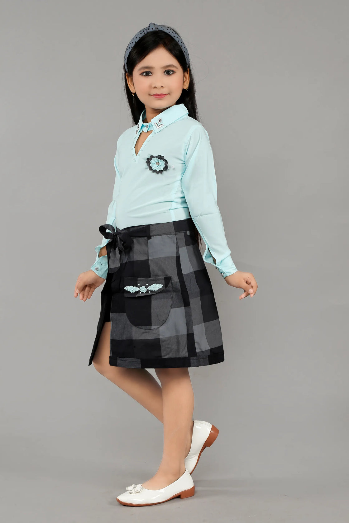 Eurynome Kidswear Girls – Exclusive 3PC Wrap Skirt Set, Premium Embellished Shirt, Smart Checked Pant, Innovative Wrap Skirt with Luxe Craftwork, Ages 3-6.