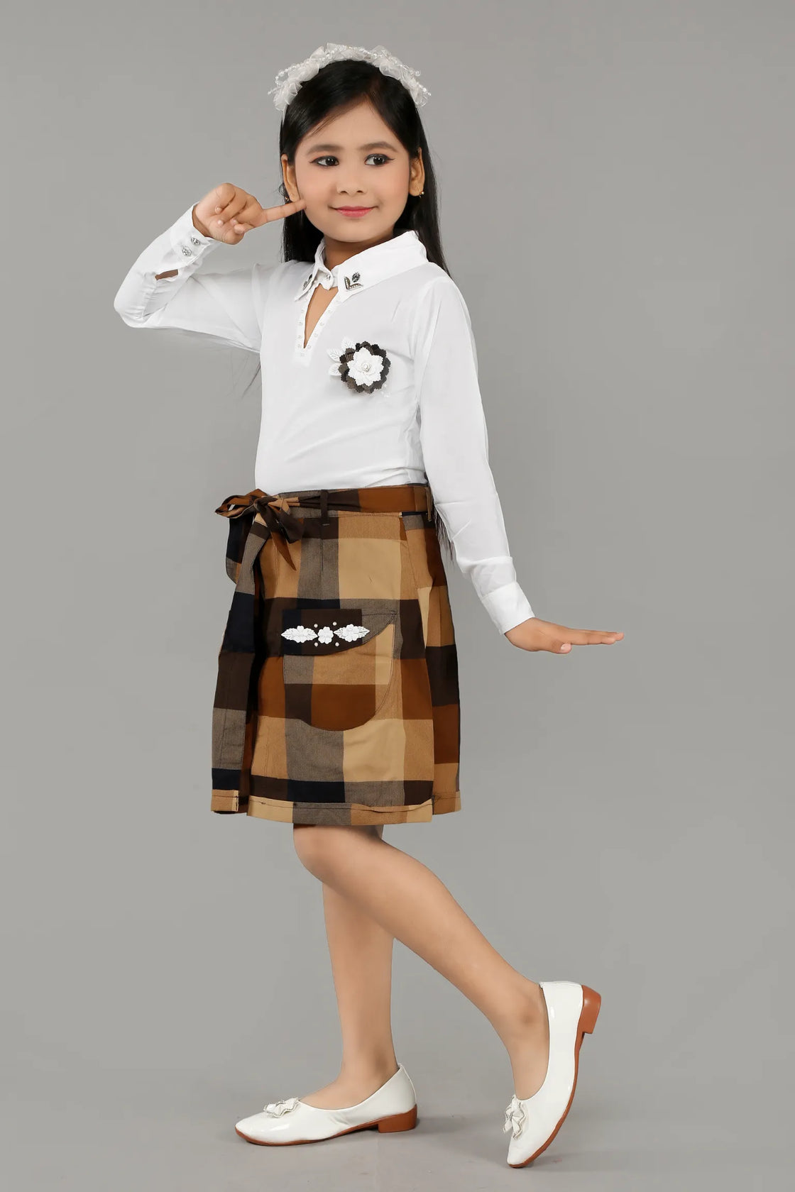 Eurynome Kidswear Girls – Exclusive 3PC Wrap Skirt Set, Premium Embellished Shirt, Smart Checked Pant, Innovative Wrap Skirt with Luxe Craftwork, Ages 3-6.