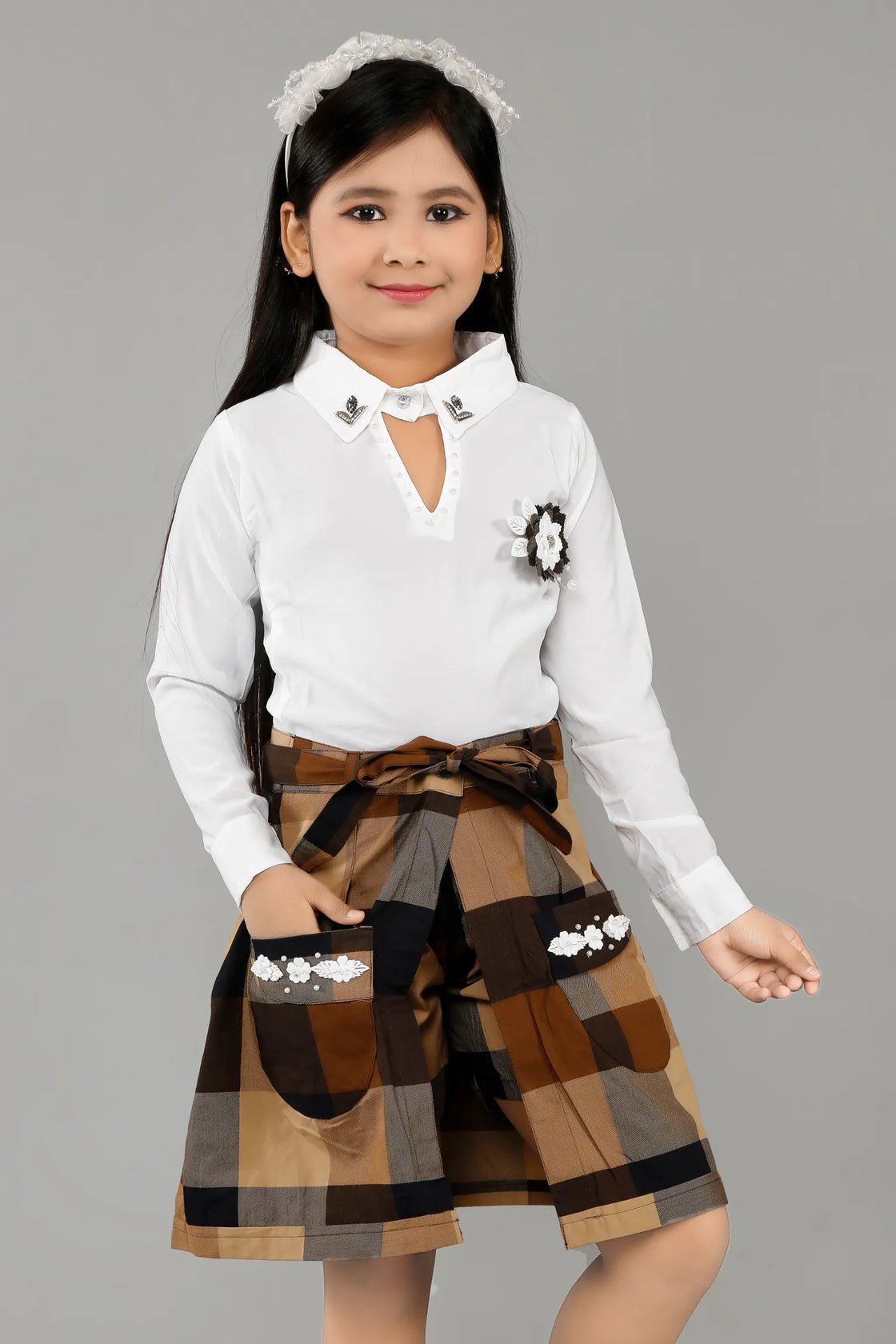 Eurynome Kidswear Girls – Exclusive 3PC Wrap Skirt Set, Premium Embellished Shirt, Smart Checked Pant, Innovative Wrap Skirt with Luxe Craftwork, Ages 3-6.