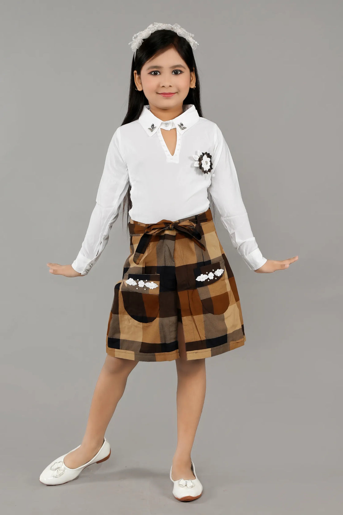 Eurynome Kidswear Girls – Exclusive 3PC Wrap Skirt Set, Premium Embellished Shirt, Smart Checked Pant, Innovative Wrap Skirt with Luxe Craftwork, Ages 3-6.