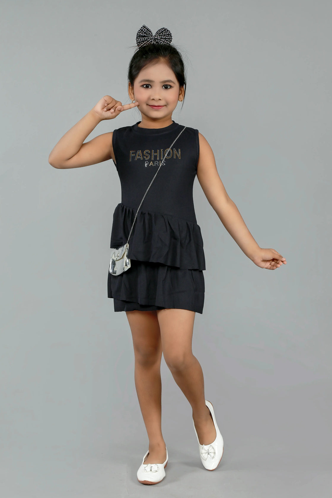 Eurynome Kidswear Girls – Spin, shine, and play in our Premier Red Quilted Frock! Paris chic meets kid's fun with shiny gold-silver details, double-layered frills, playful silver sling bag—ready for every little fashionista, ages 3-9.