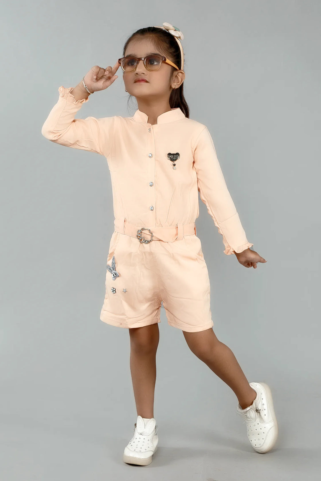 Eurynome Kidswear Girls – Mandarin Stylish Romper, Full Sleeve, Statement Collar, Luxe Buttons, Designer Belt, Unique Embellishments, Ages 3-6.