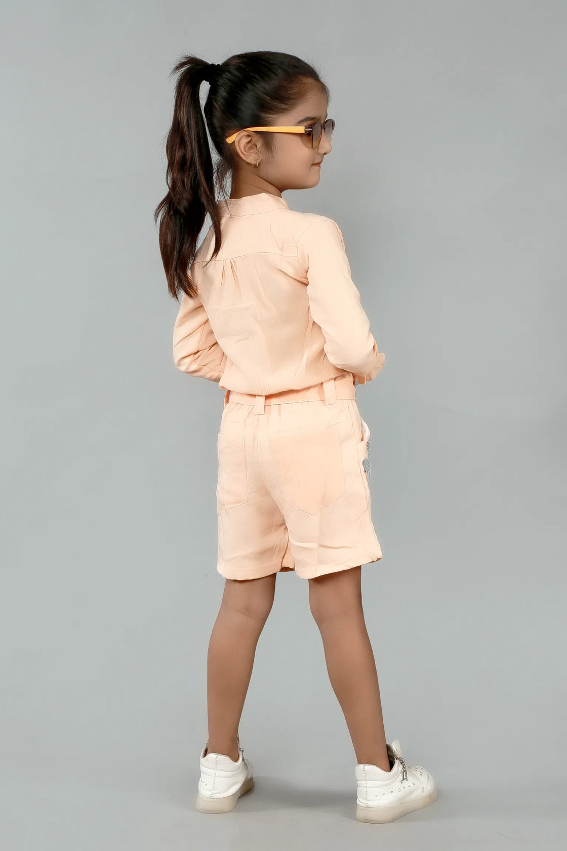 Eurynome Kidswear Girls – Mandarin Stylish Romper, Full Sleeve, Statement Collar, Luxe Buttons, Designer Belt, Unique Embellishments, Ages 3-6.