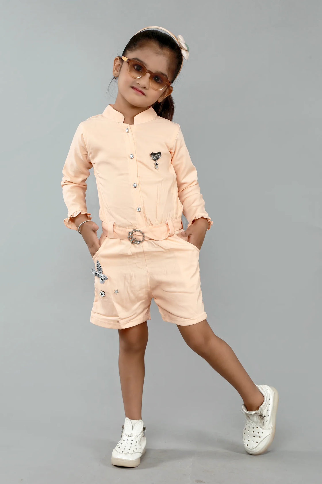Eurynome Kidswear Girls – Mandarin Stylish Romper, Full Sleeve, Statement Collar, Luxe Buttons, Designer Belt, Unique Embellishments, Ages 3-6.