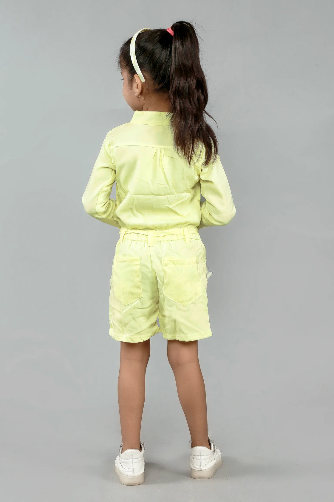 Eurynome Kidswear Girls – Mandarin Stylish Romper, Full Sleeve, Statement Collar, Luxe Buttons, Designer Belt, Unique Embellishments, Ages 3-6.