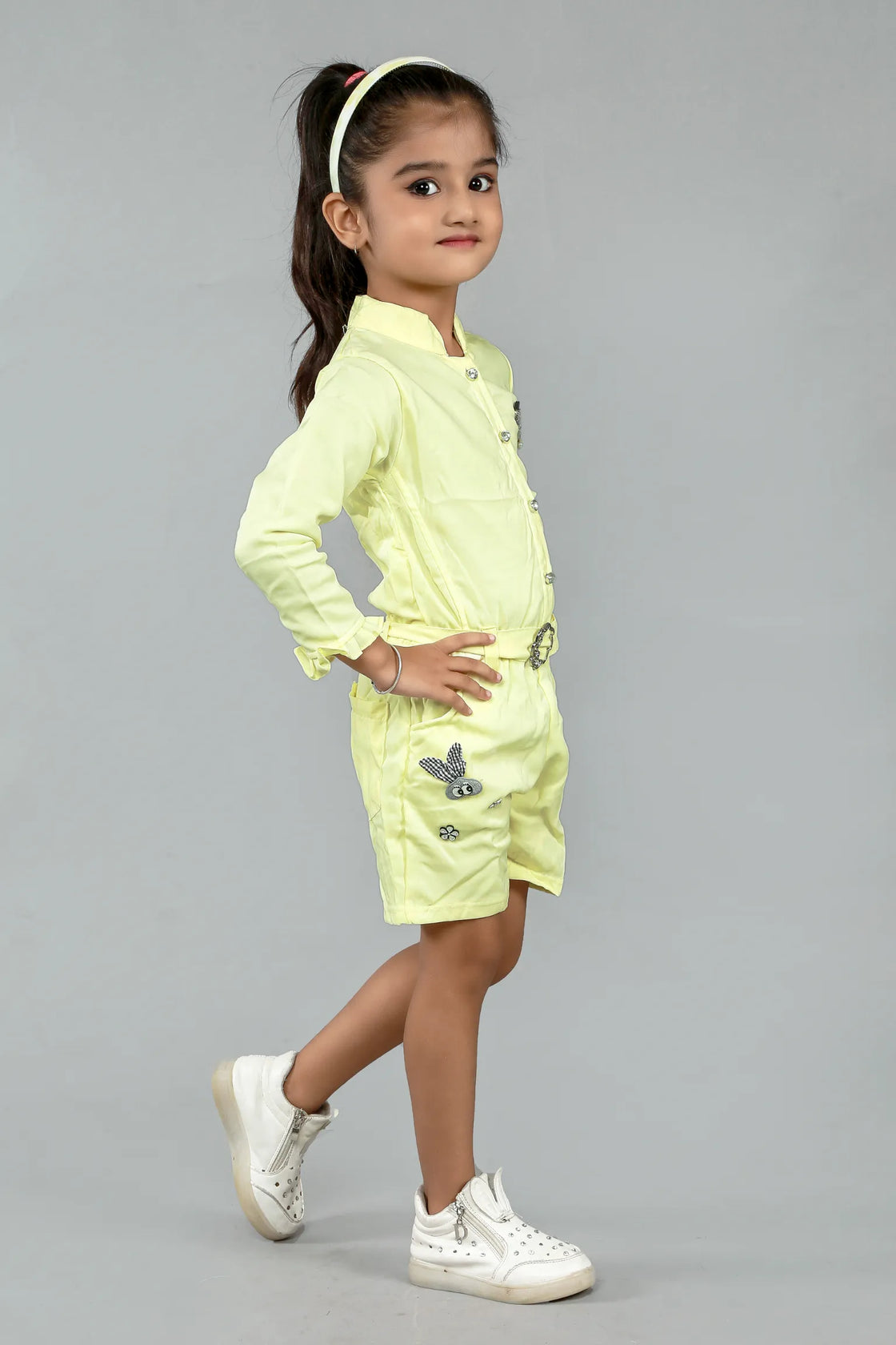 Eurynome Kidswear Girls – Mandarin Stylish Romper, Full Sleeve, Statement Collar, Luxe Buttons, Designer Belt, Unique Embellishments, Ages 3-6.