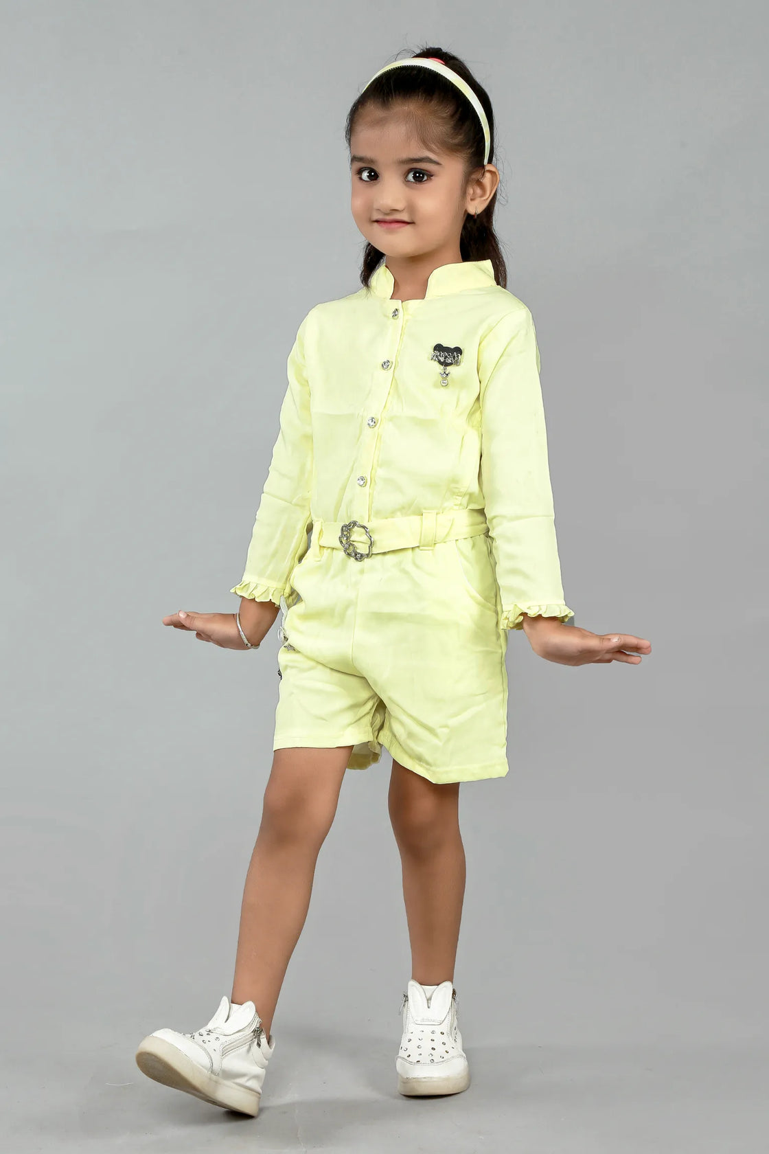 Eurynome Kidswear Girls – Mandarin Stylish Romper, Full Sleeve, Statement Collar, Luxe Buttons, Designer Belt, Unique Embellishments, Ages 3-6.